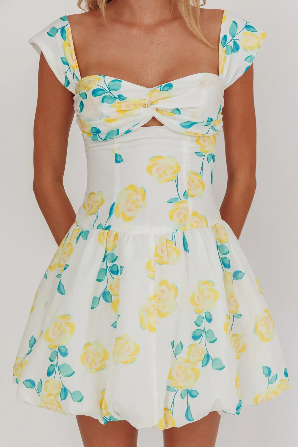 Cadi Twist Bust Balloon Mini Dress Floral Yellow