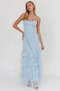 Nerida Twist Back Frill Trim Mesh Maxi Dress Steel Blue