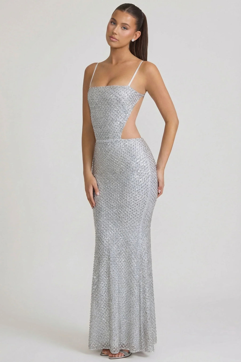 Embellished Cut-Out Gown in Silver