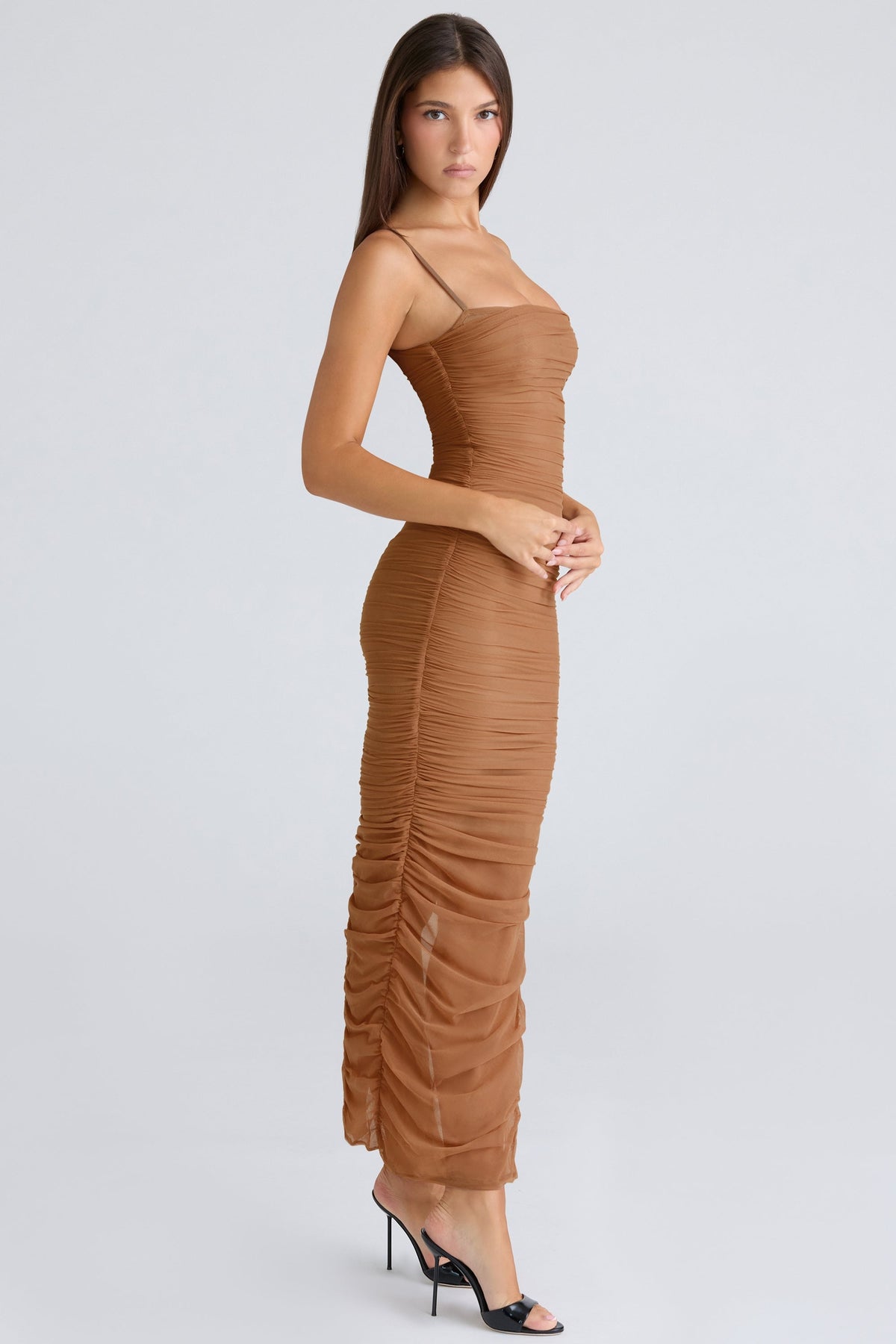 tan gathered stretch mesh maxi dress