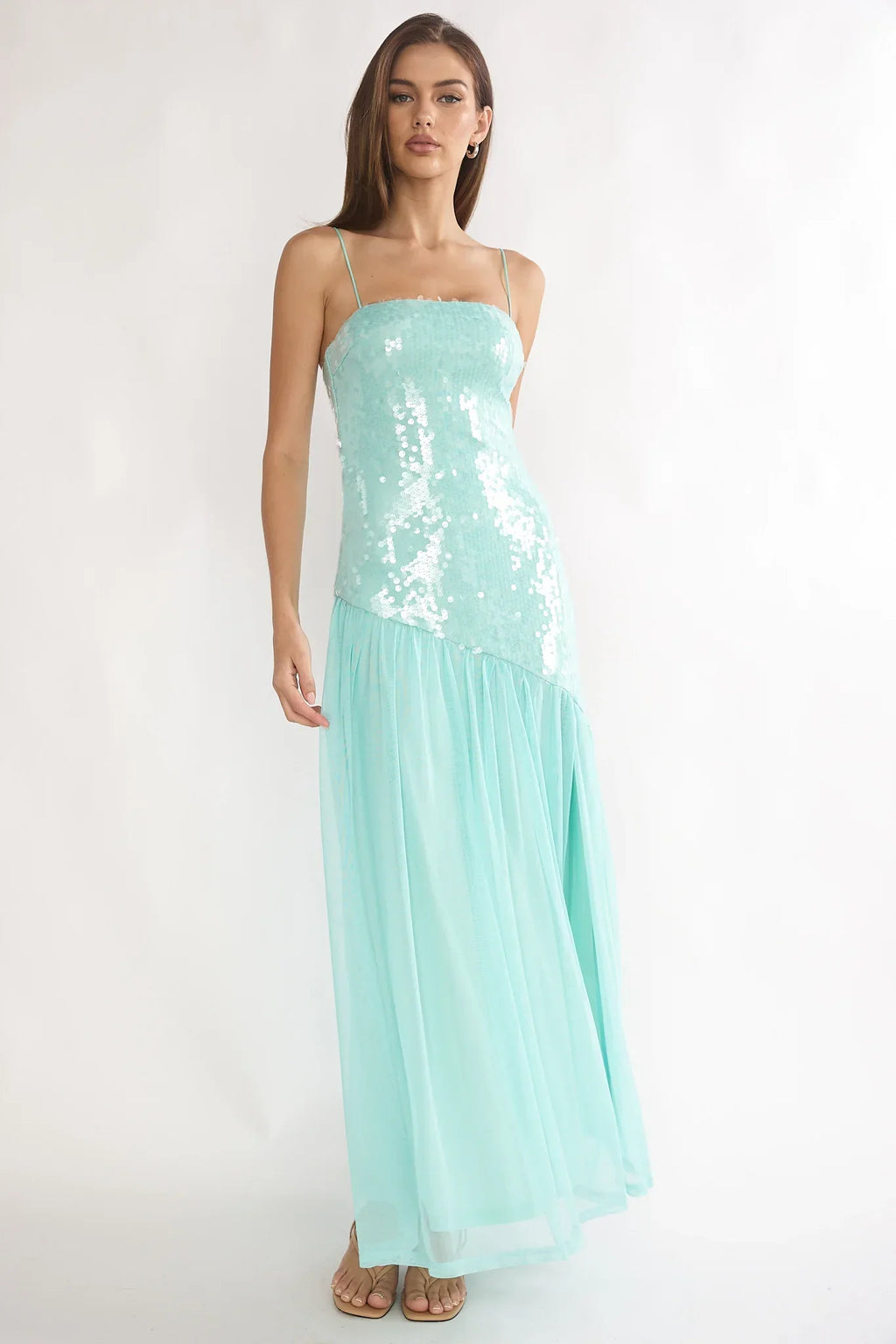 Azure Sun Drop Waist Split Maxi Dress Sequin Aqua