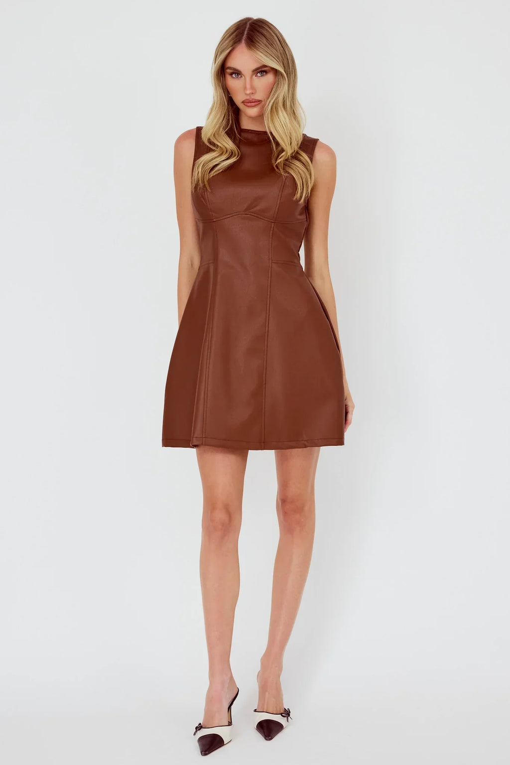 Opulent Sleeveless A-Line Mini Dress Faux Leather Brown