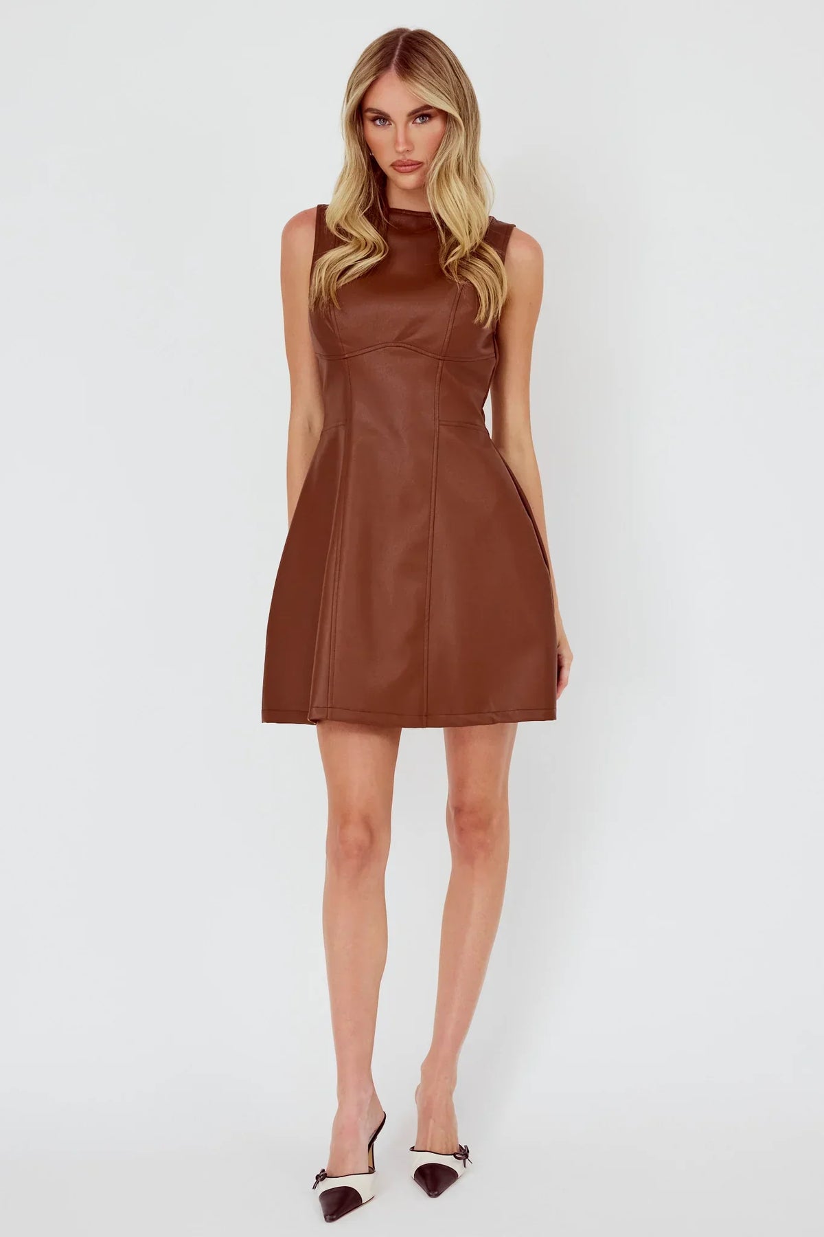 Opulent Sleeveless A-Line Mini Dress Faux Leather Brown