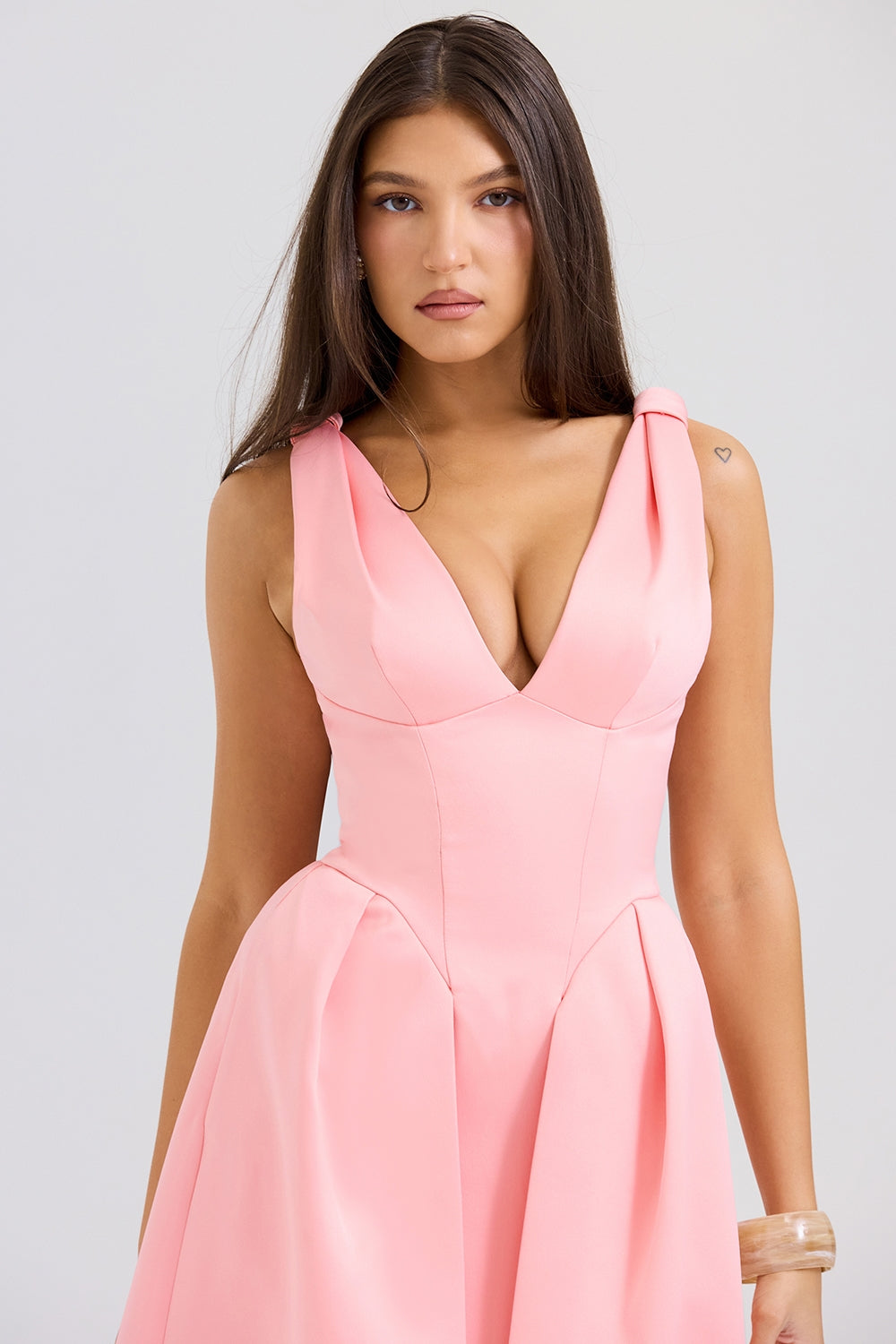 peach satin pleated midi dress - sale