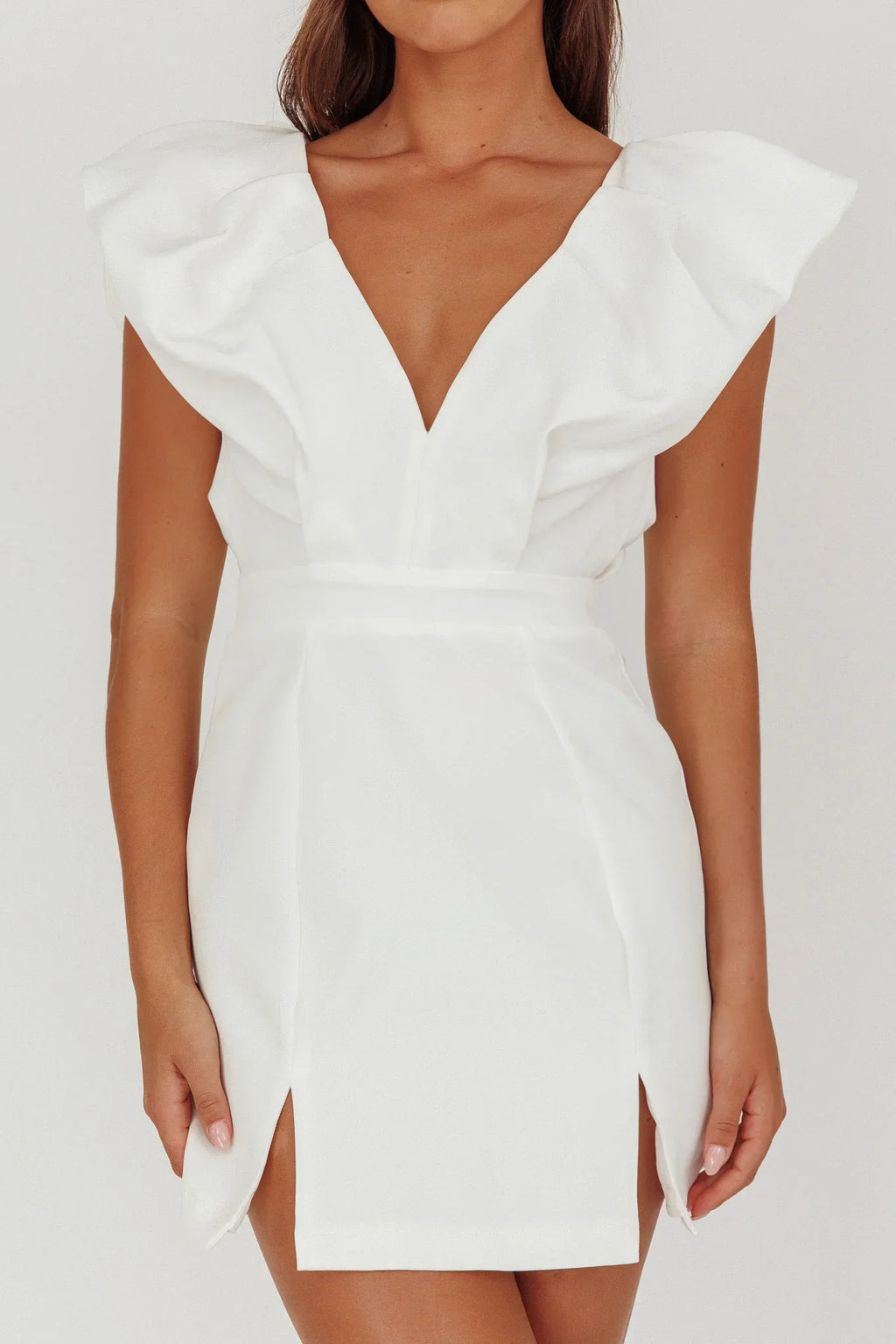 Liardon Bubble Sleeve V-Neckline Mini Dress White