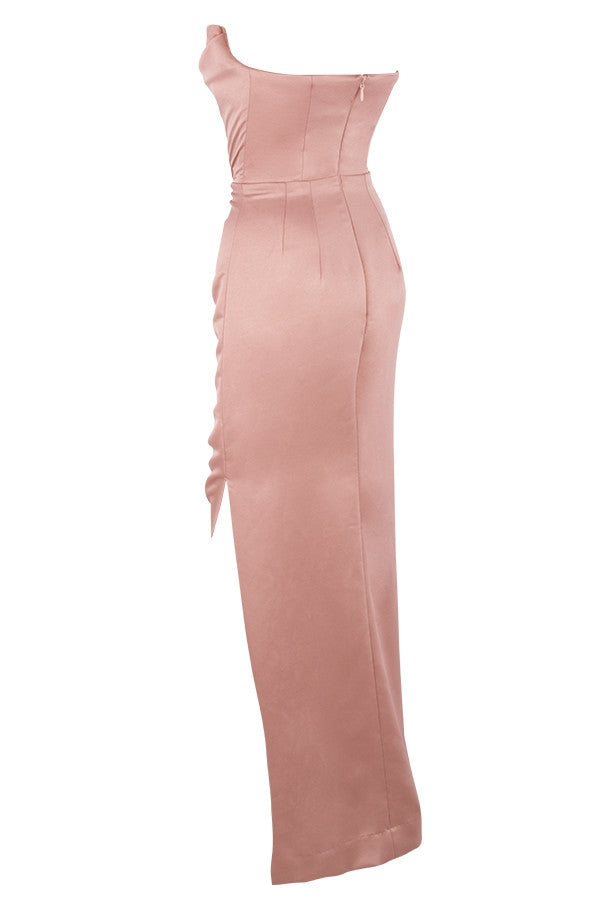 blush satin strapless gown