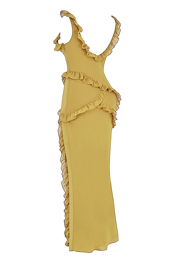 olive ruffle maxi dress