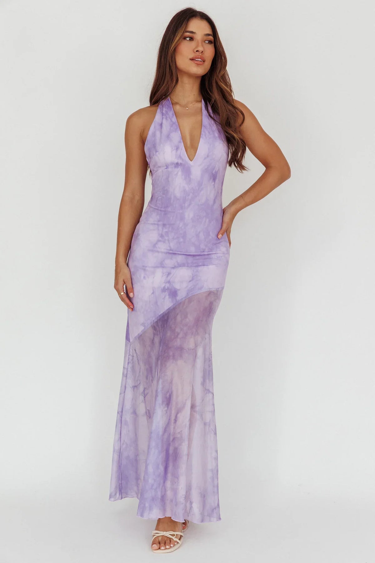 Locket Halterneck Maxi Dress Marbled Lilac