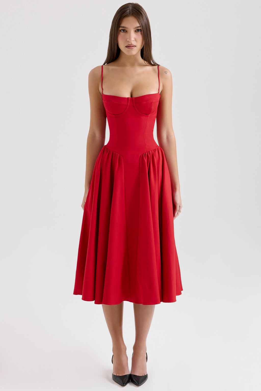 red gathered midi dress