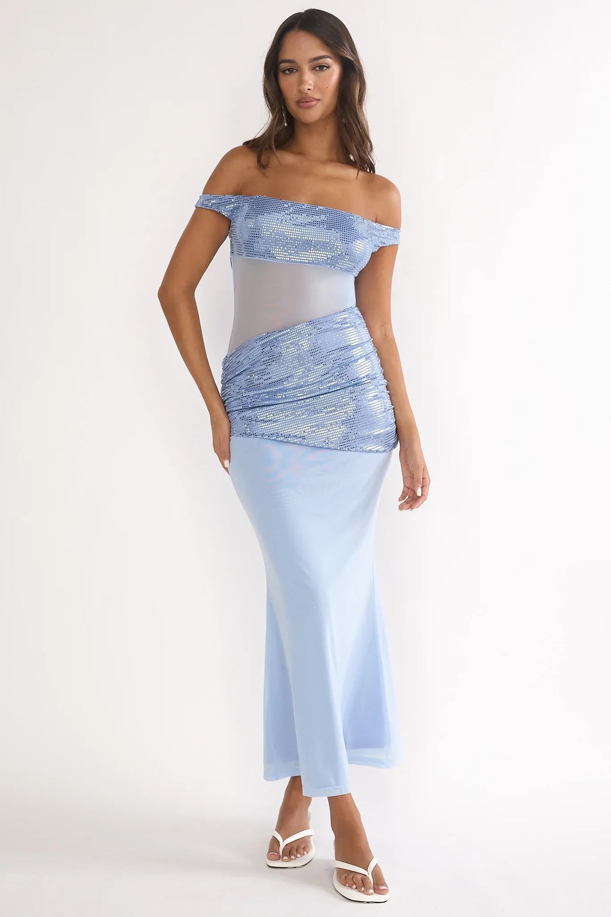 Bellora Off-Shoulder Sequin Trim Maxi Dress Blue