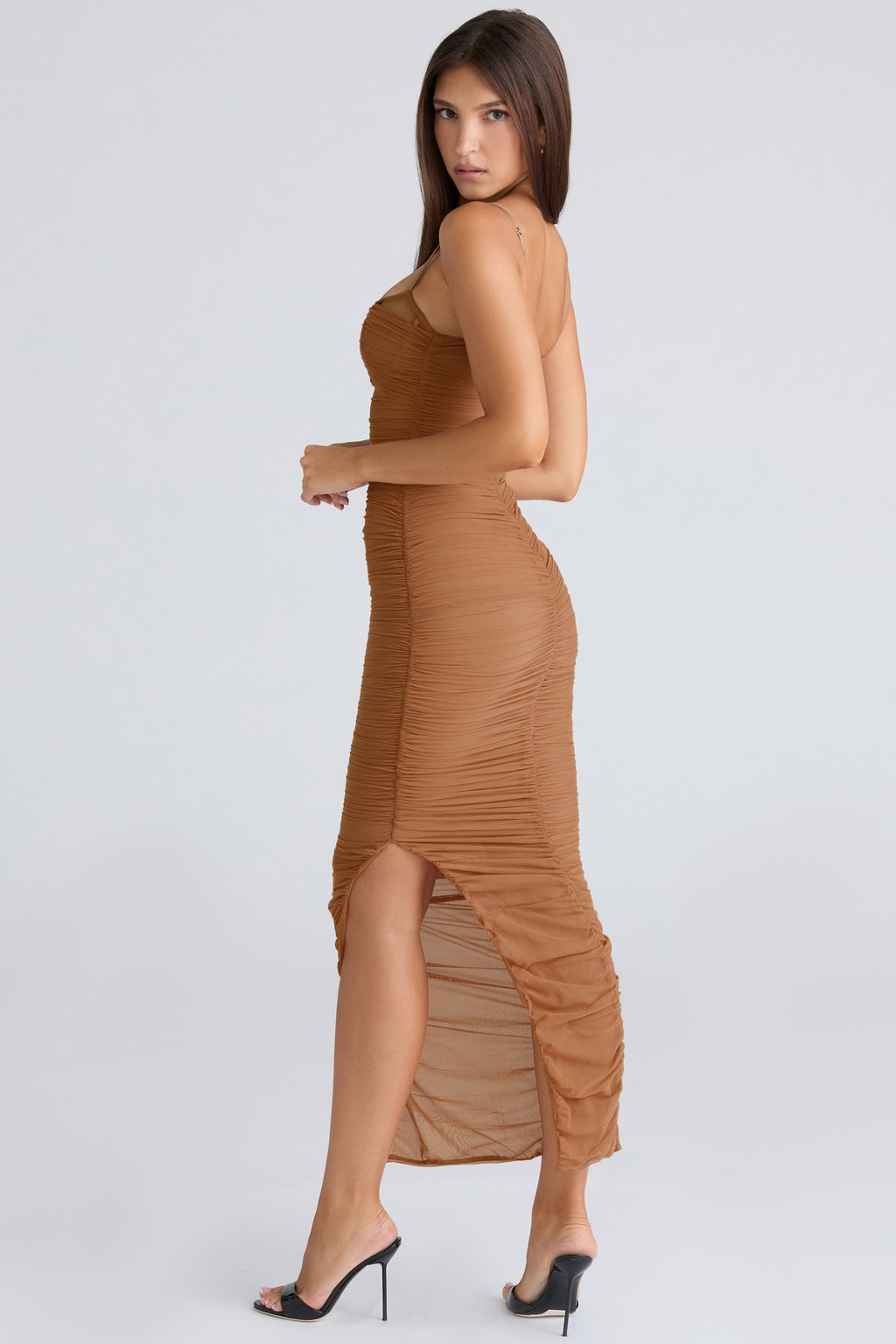 tan gathered stretch mesh maxi dress