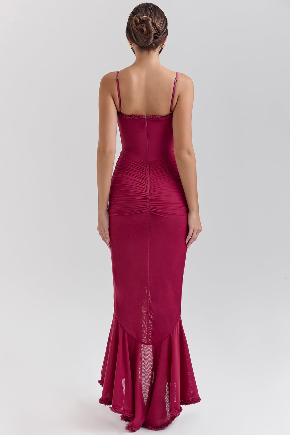 wine ruffled front gown