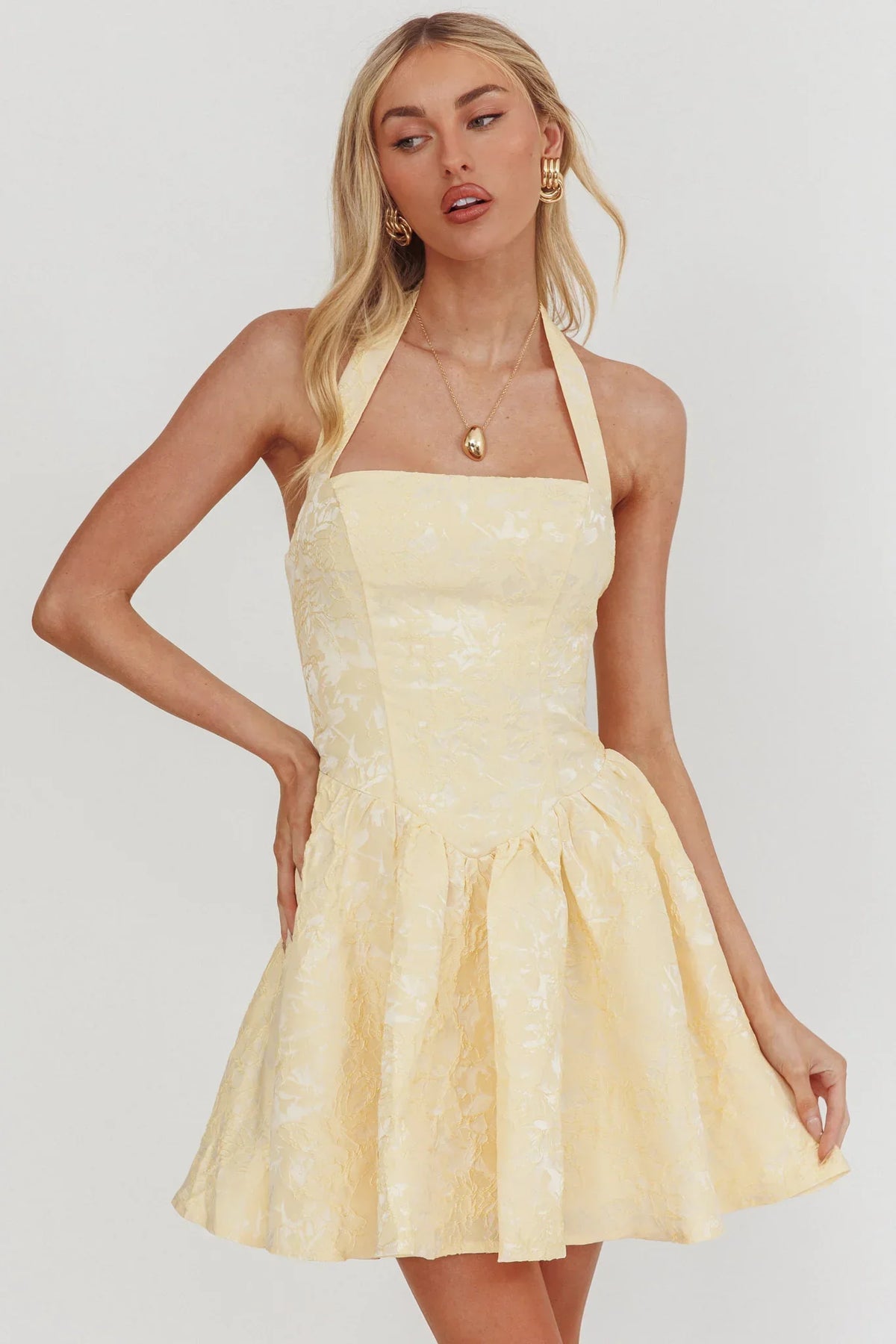 Serrah Halter Mini Dress Jacquard Butter