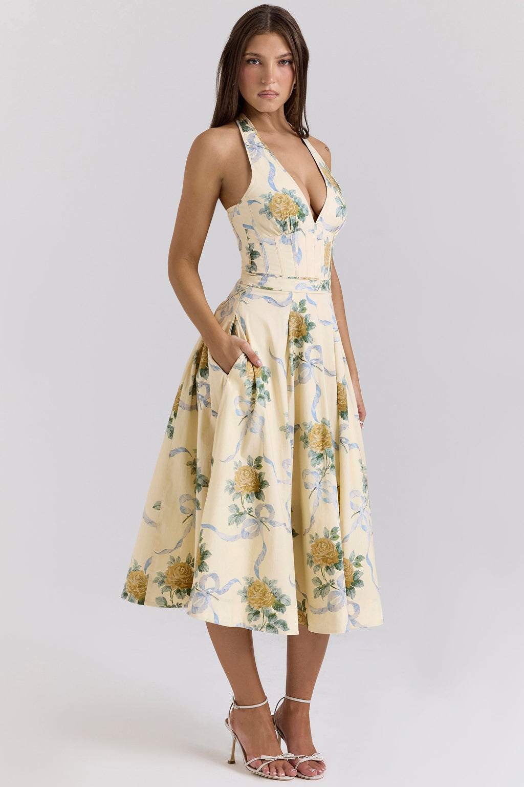 lemon ribbon stretch cotton halter midi sundress