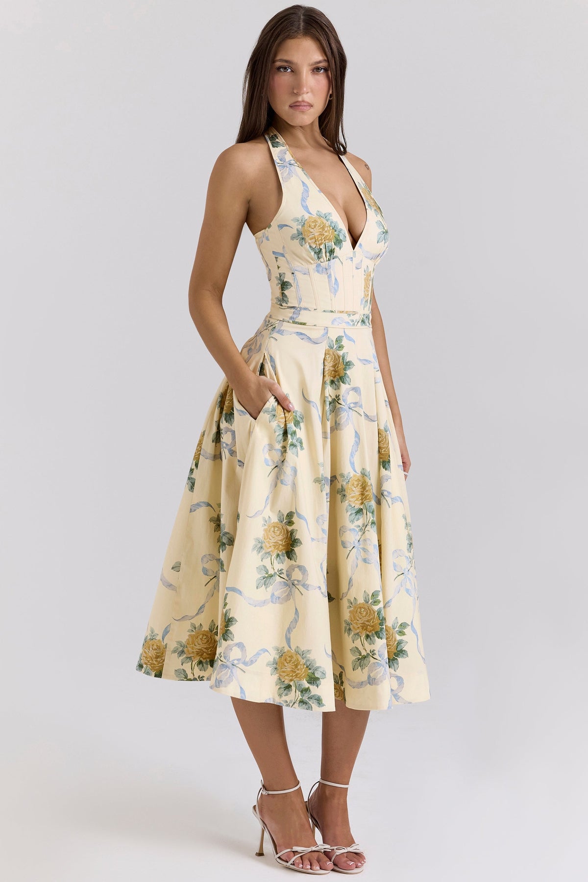 lemon ribbon stretch cotton halter midi sundress