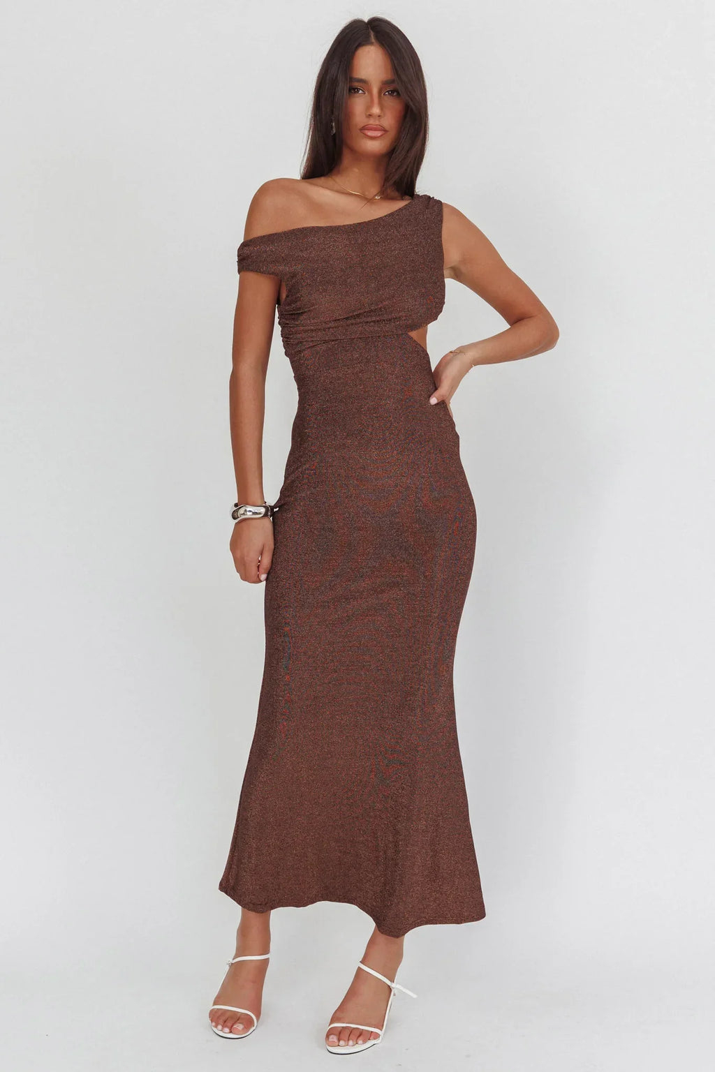 In Blooms Asymmetric Neckline Maxi Dress Shimmer Chocolate