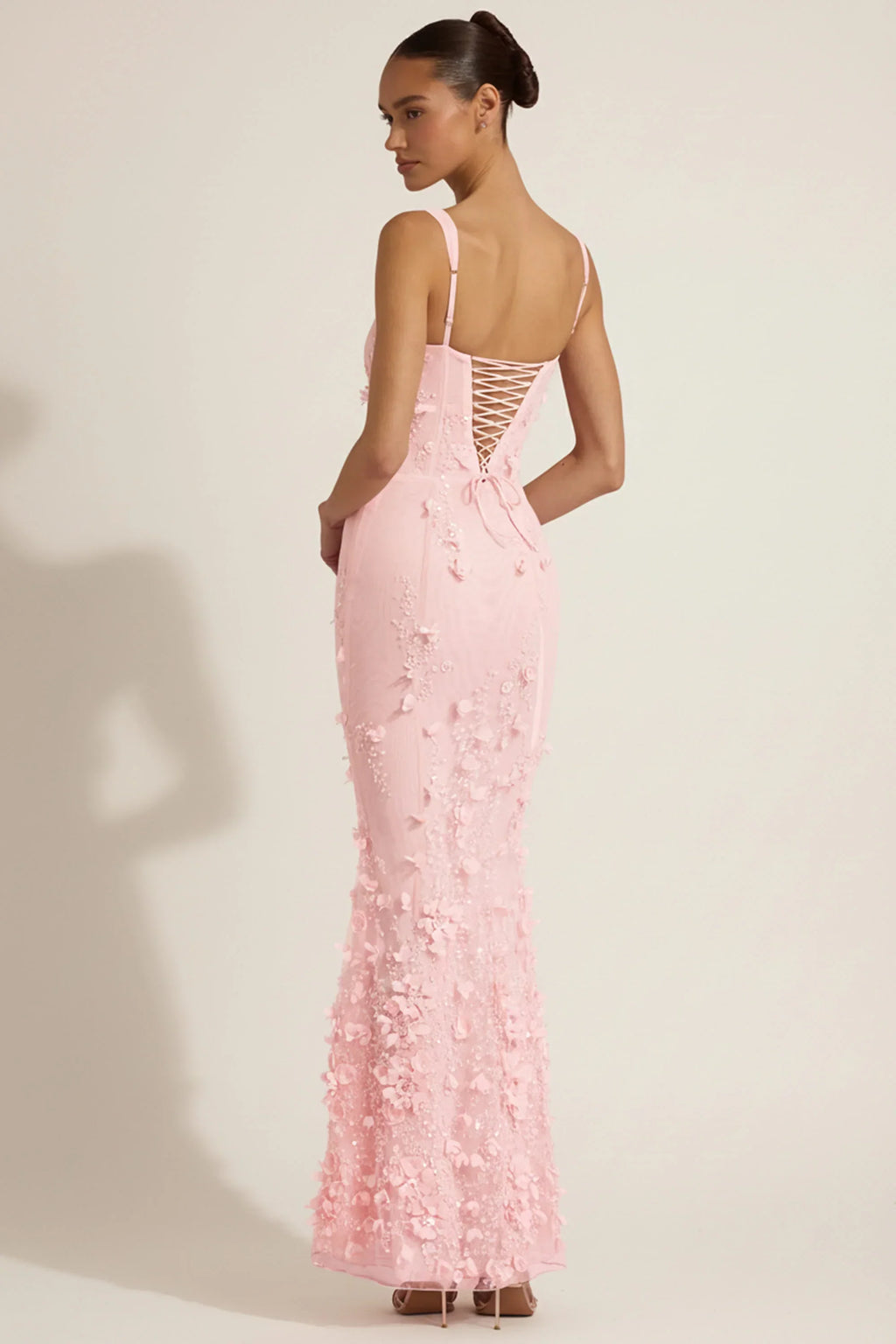 Embellished Appliqué Soft-Scoop Corset Gown in Pink