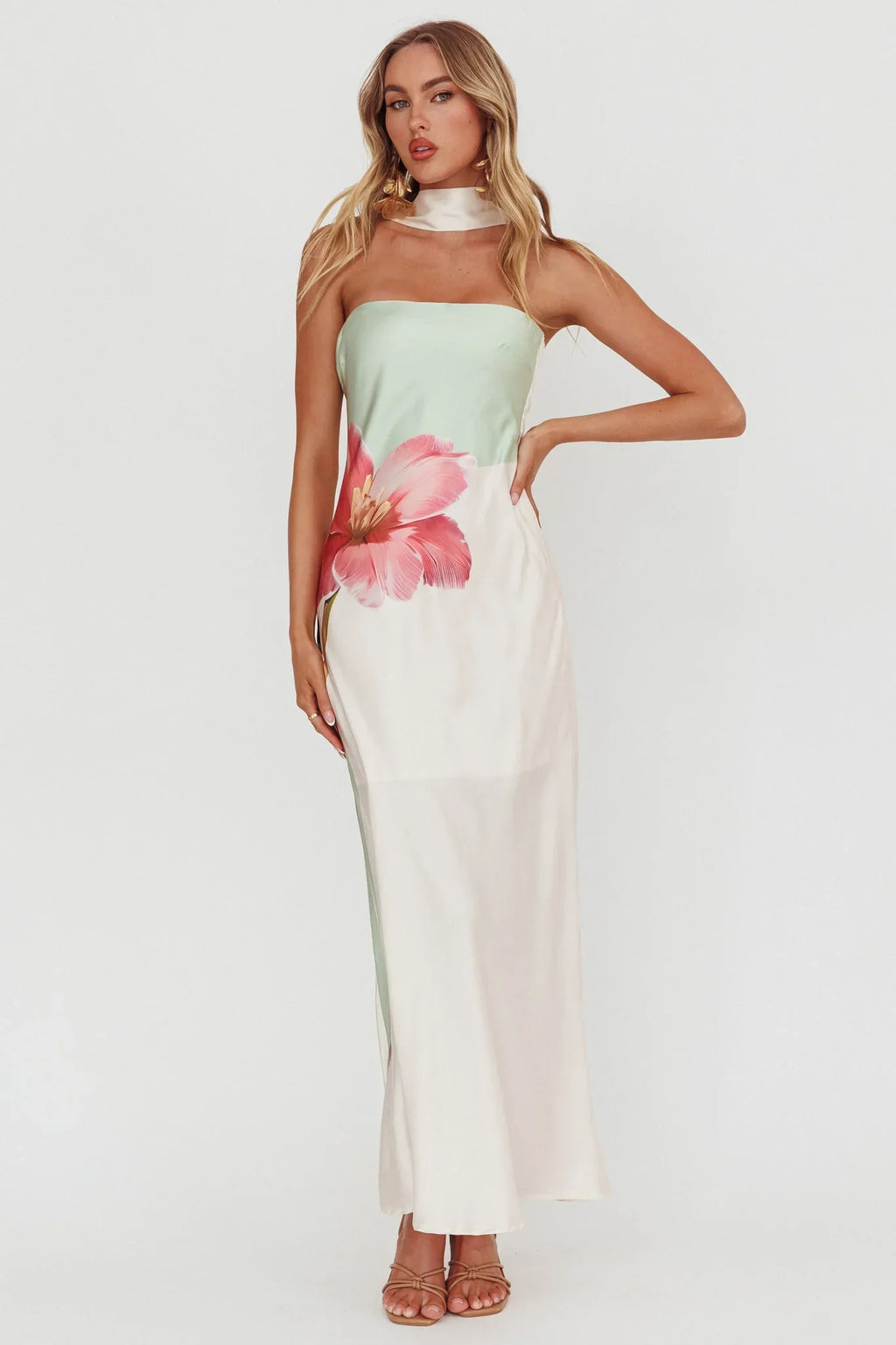 Damsel Reverse Halter Maxi Dress Flower Green