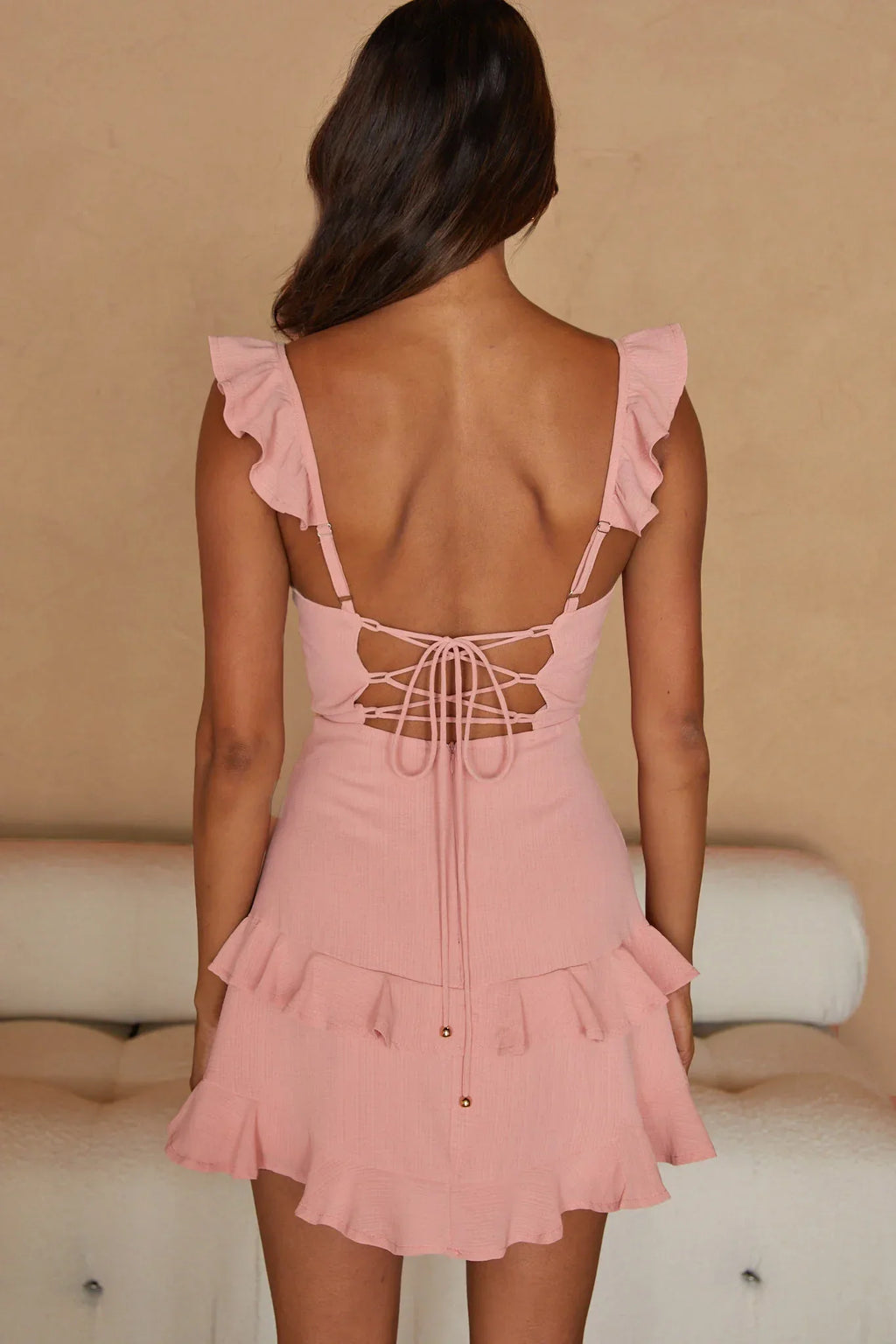 Moonlit Moment Ruffle Trim Piping Detail Lace-Up Back Dress Apricot