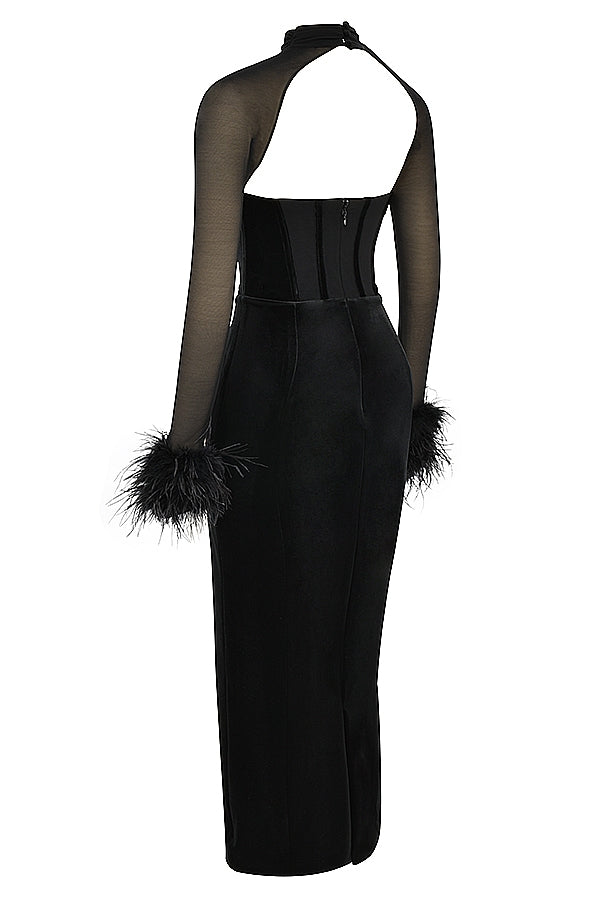 black velvet corset maxi dress