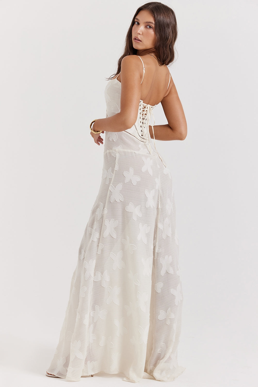 vintage cream floral lace back maxi dress