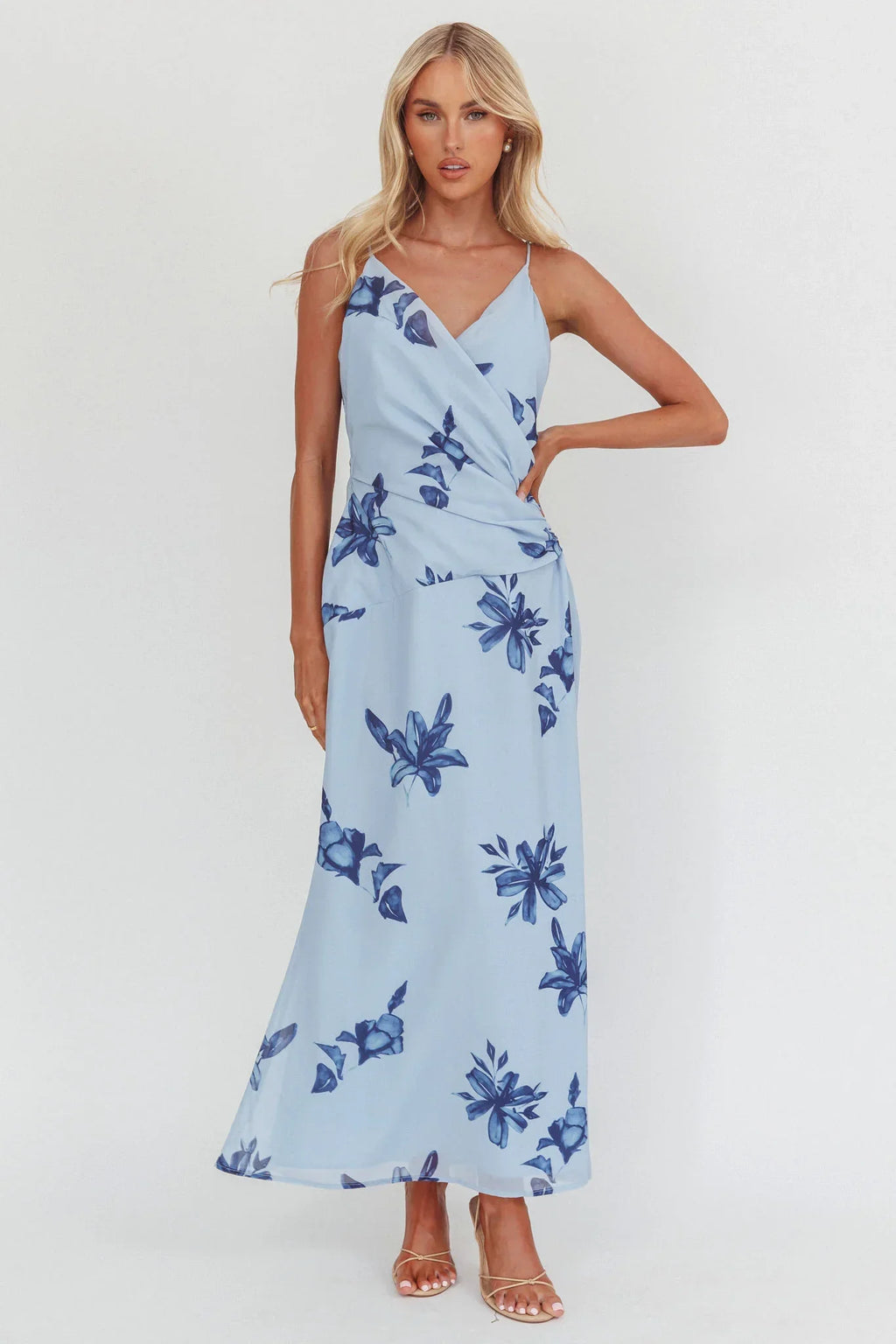 Lexxi Crossover Gathered Waist Maxi Dress Floral Blue
