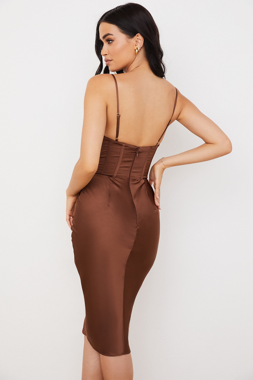 chocolate satin corset slip dress