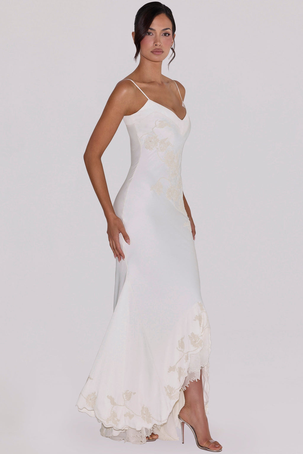 vintage ivory satin hand beaded embellished maxi dress
