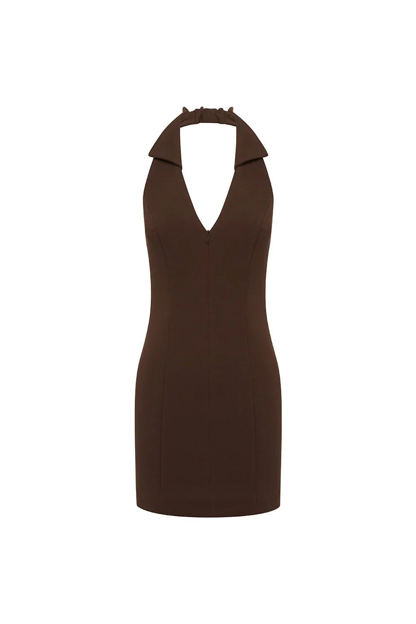 ARCHER COLLAR ZIP FRONT MINI DRESS - BITTER CHOCOLATE