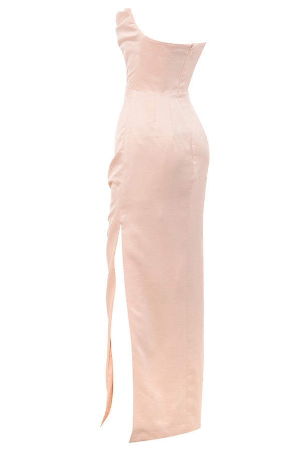 champagne satin strapless gown