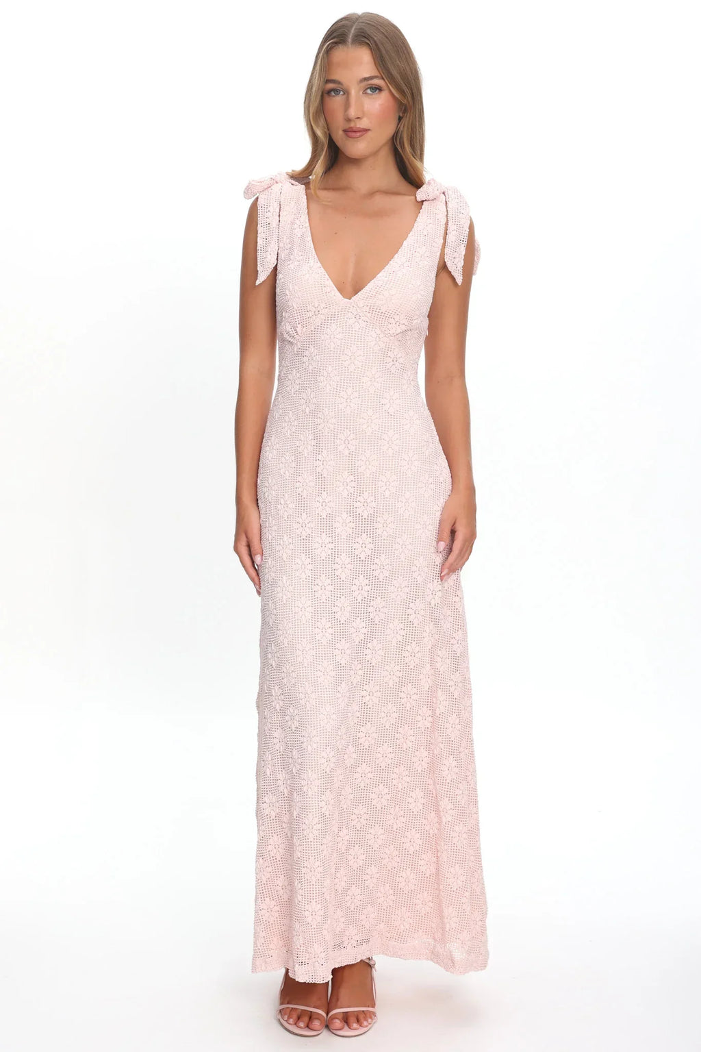 Mykonos Morning Tied Shoulder Maxi Dress Crochet Pink