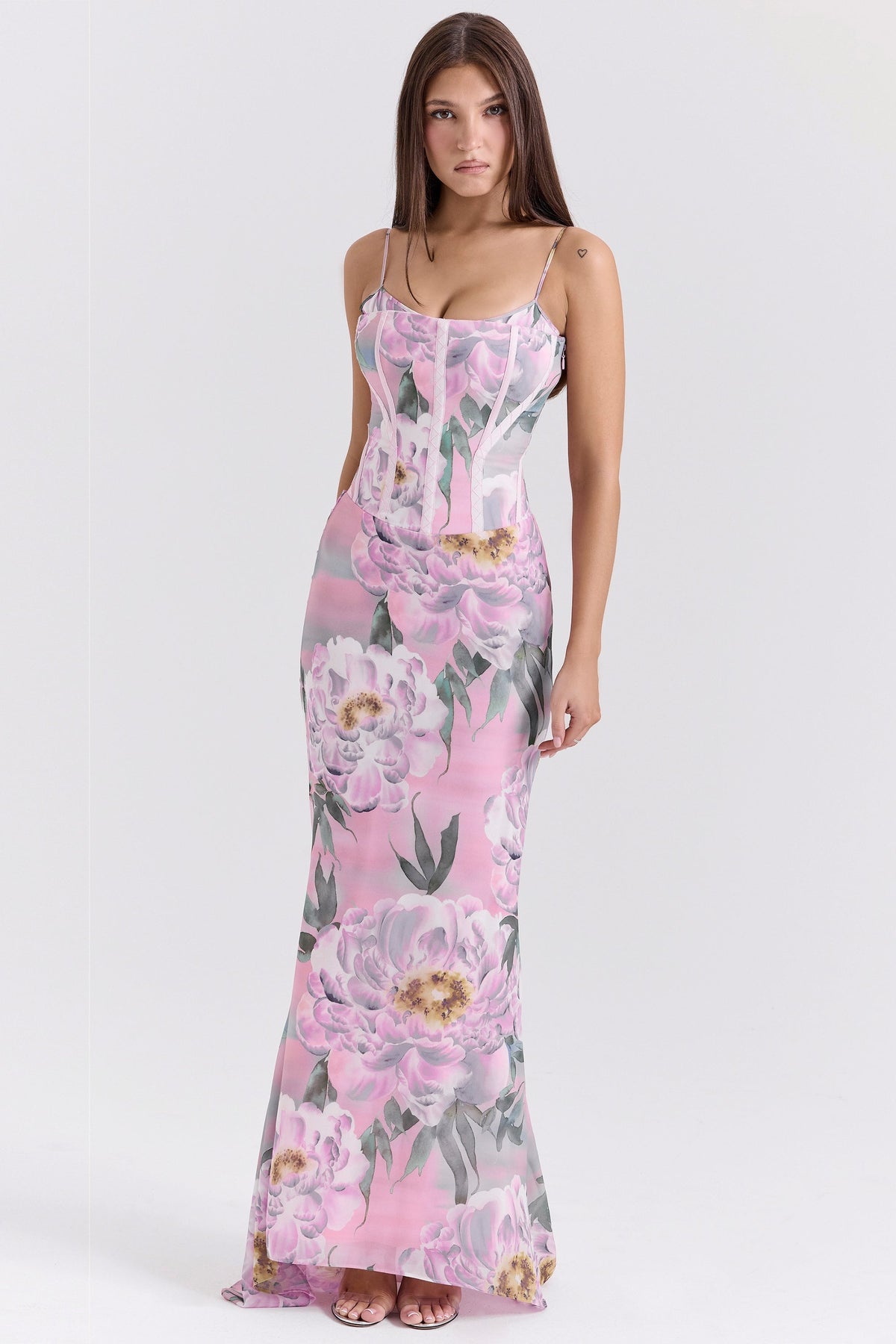 pink floral corset maxi dress