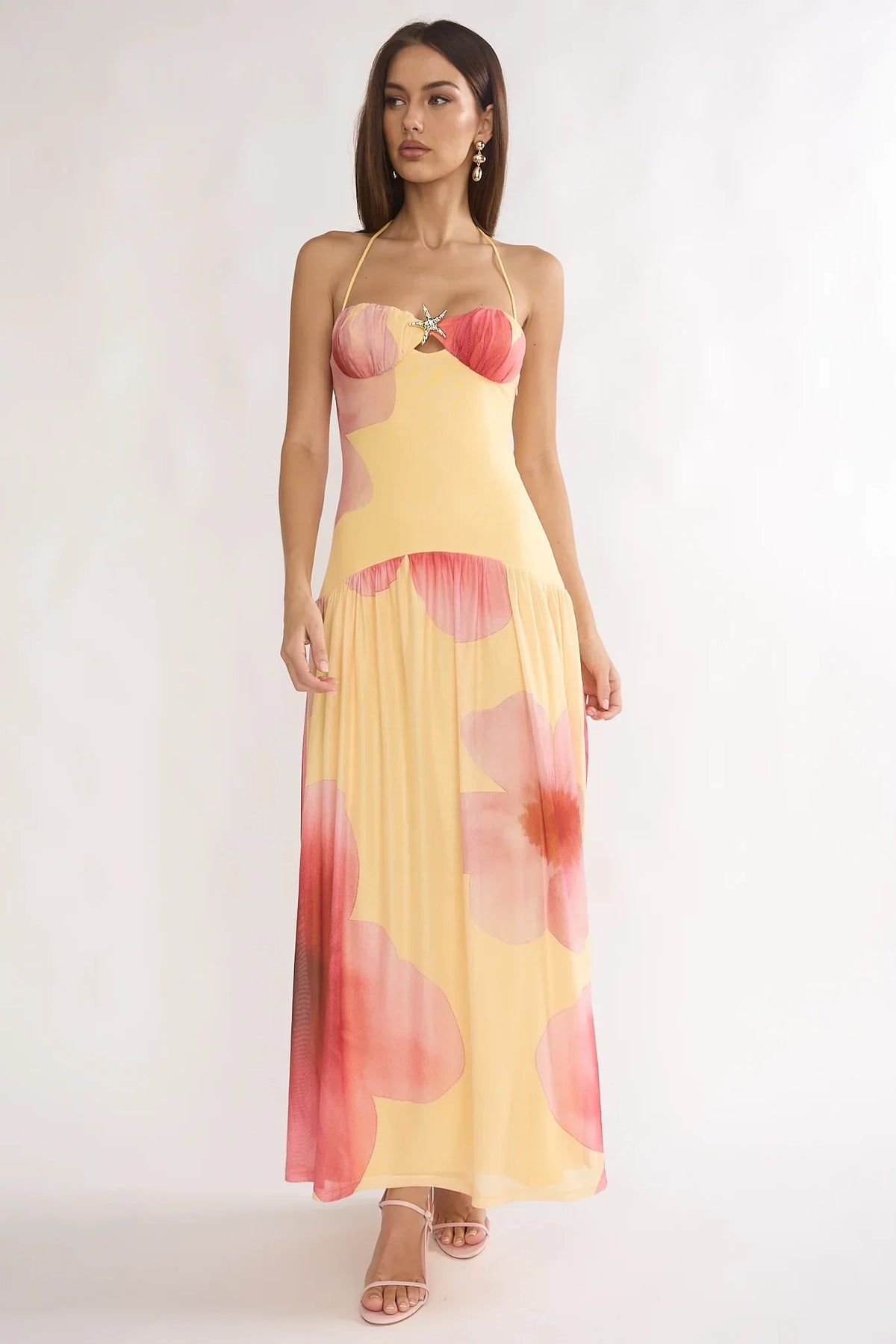 Justyne Drop Waist Halter Maxi Dress Floral Yellow