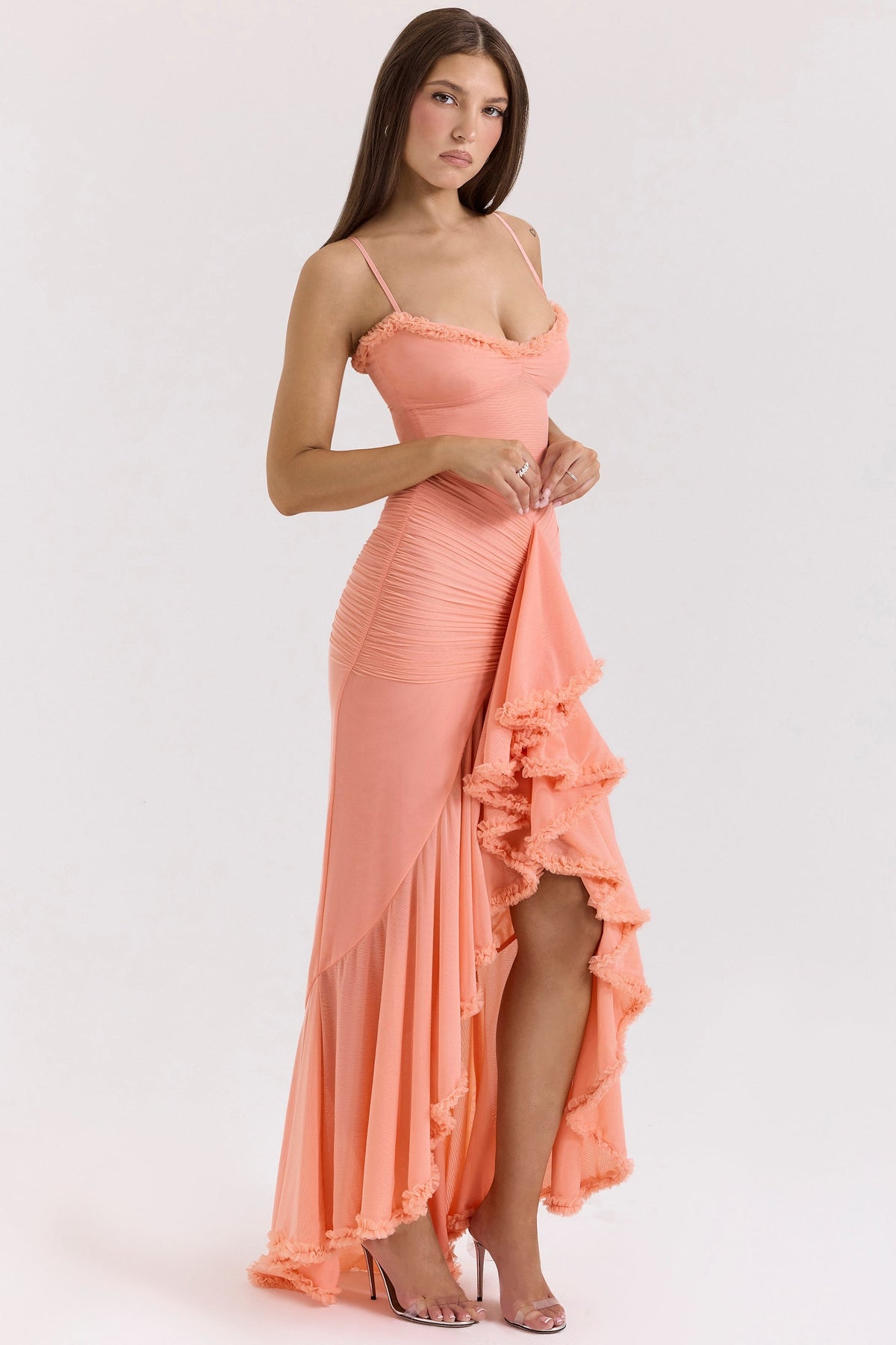 peach mesh ruffled front gown
