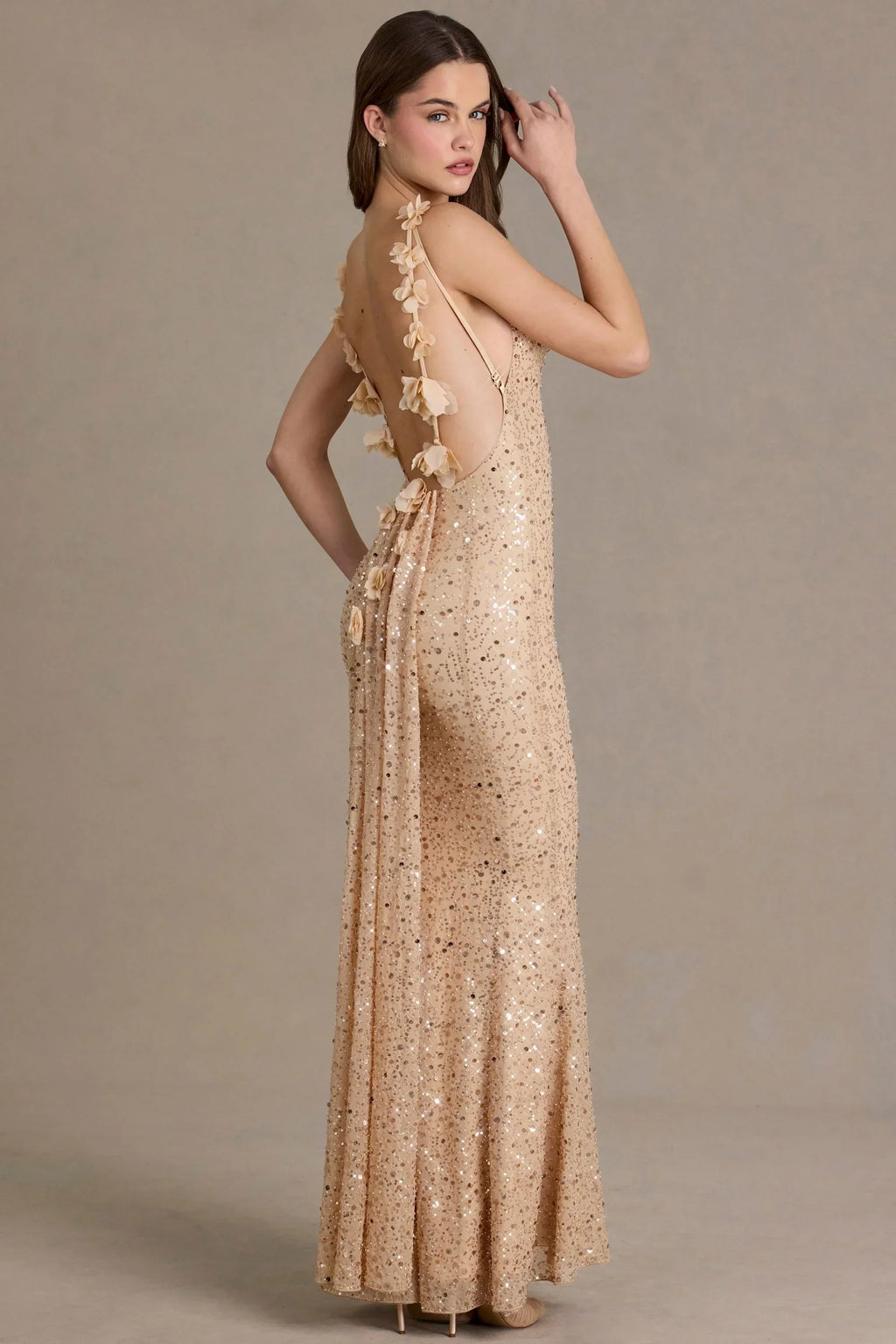 Embellished Open-Back Maxi Dress in Gold