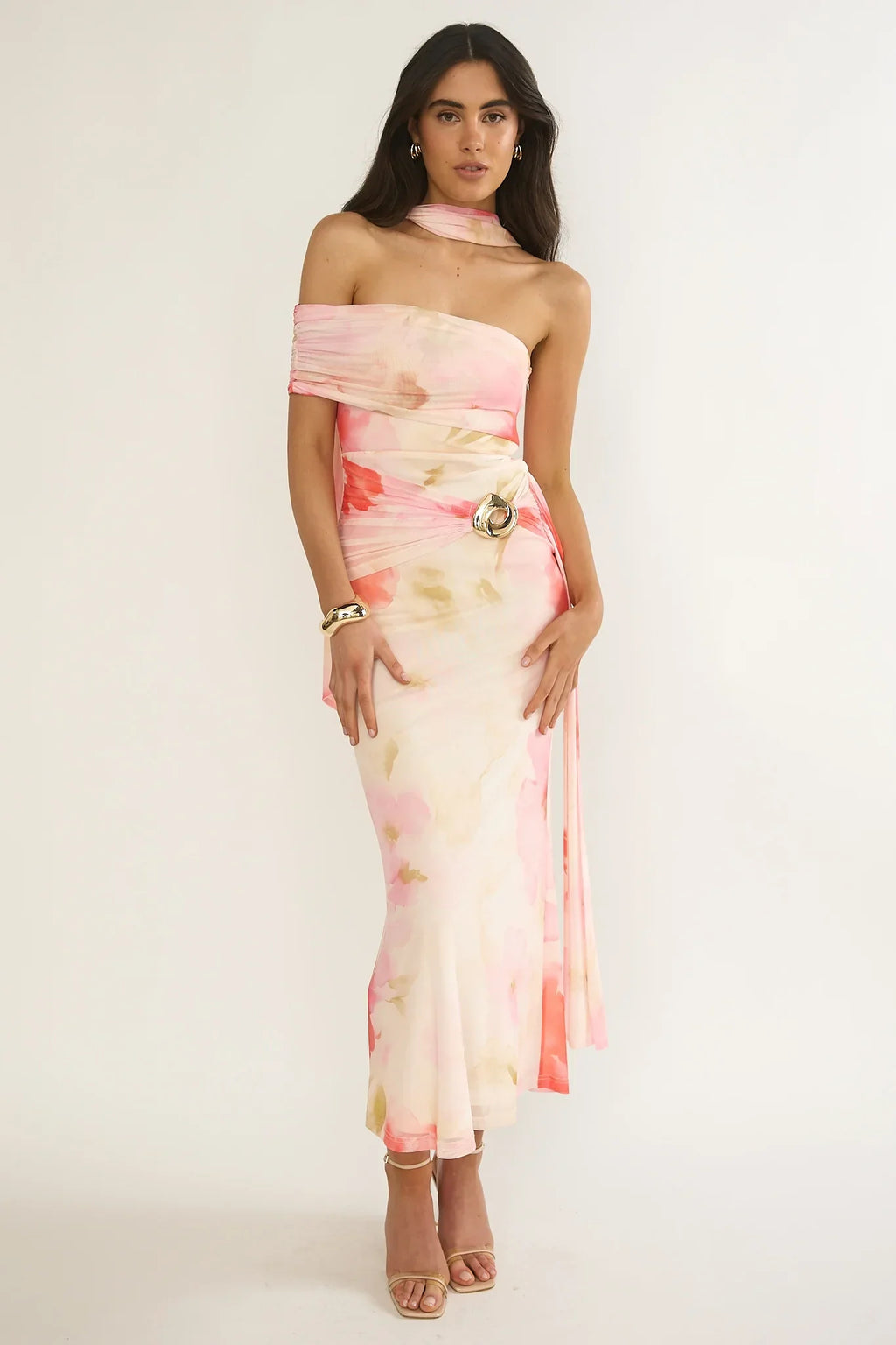 Carrisa One-Sleeve Maxi Dress Floral Pink