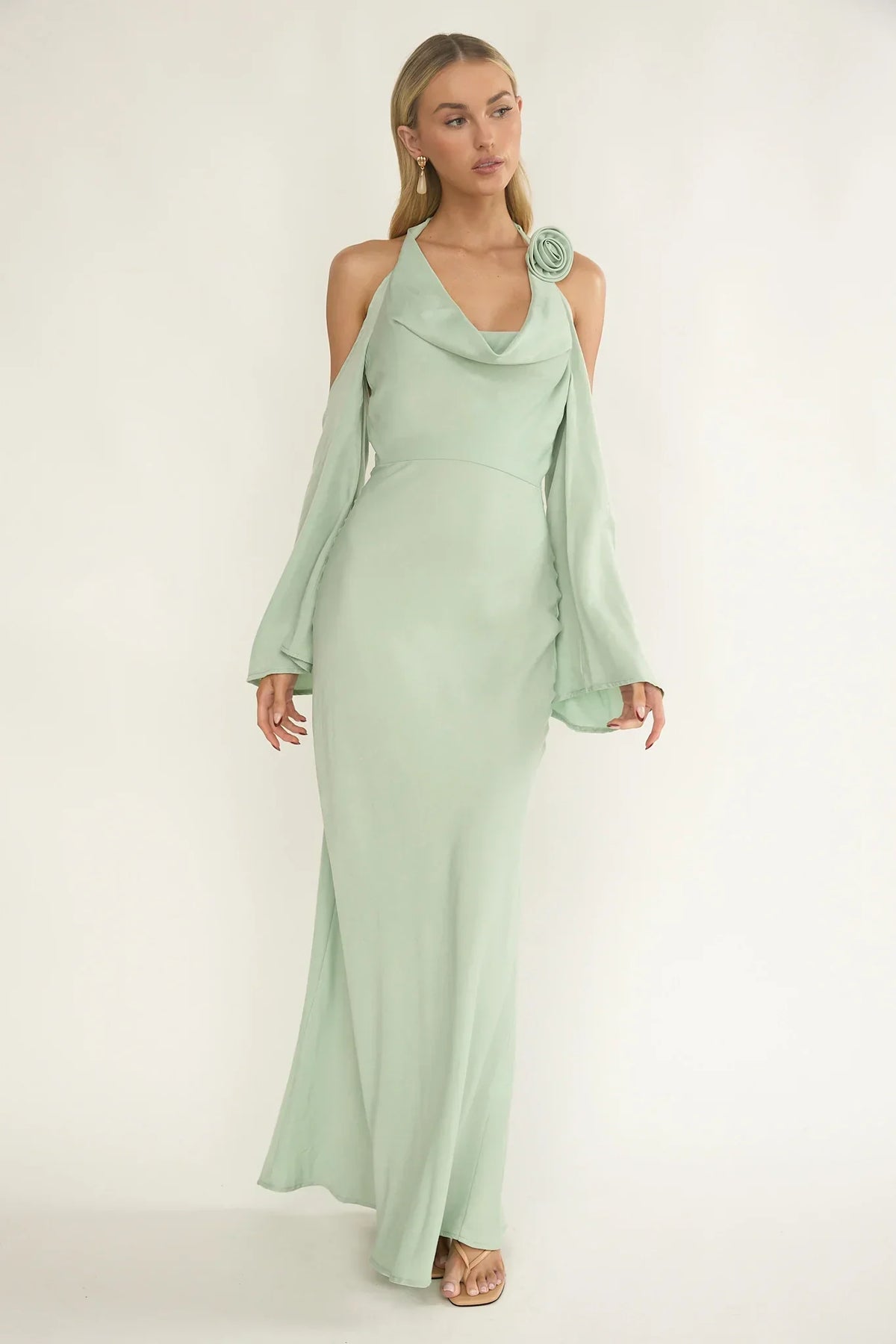 Solenne Cowl Neck Cold Shoulder Maxi Dress Sage