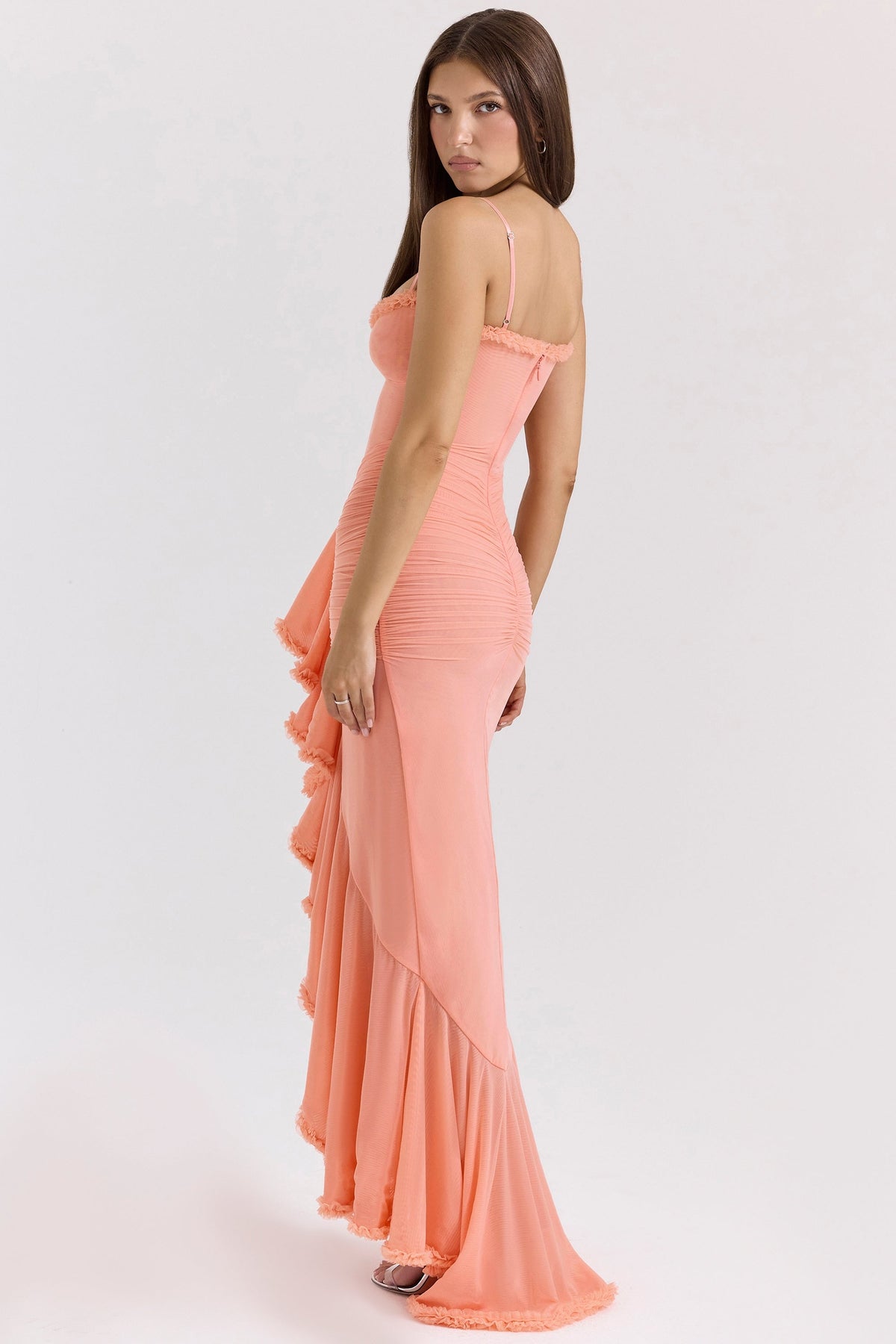 peach mesh ruffled front gown