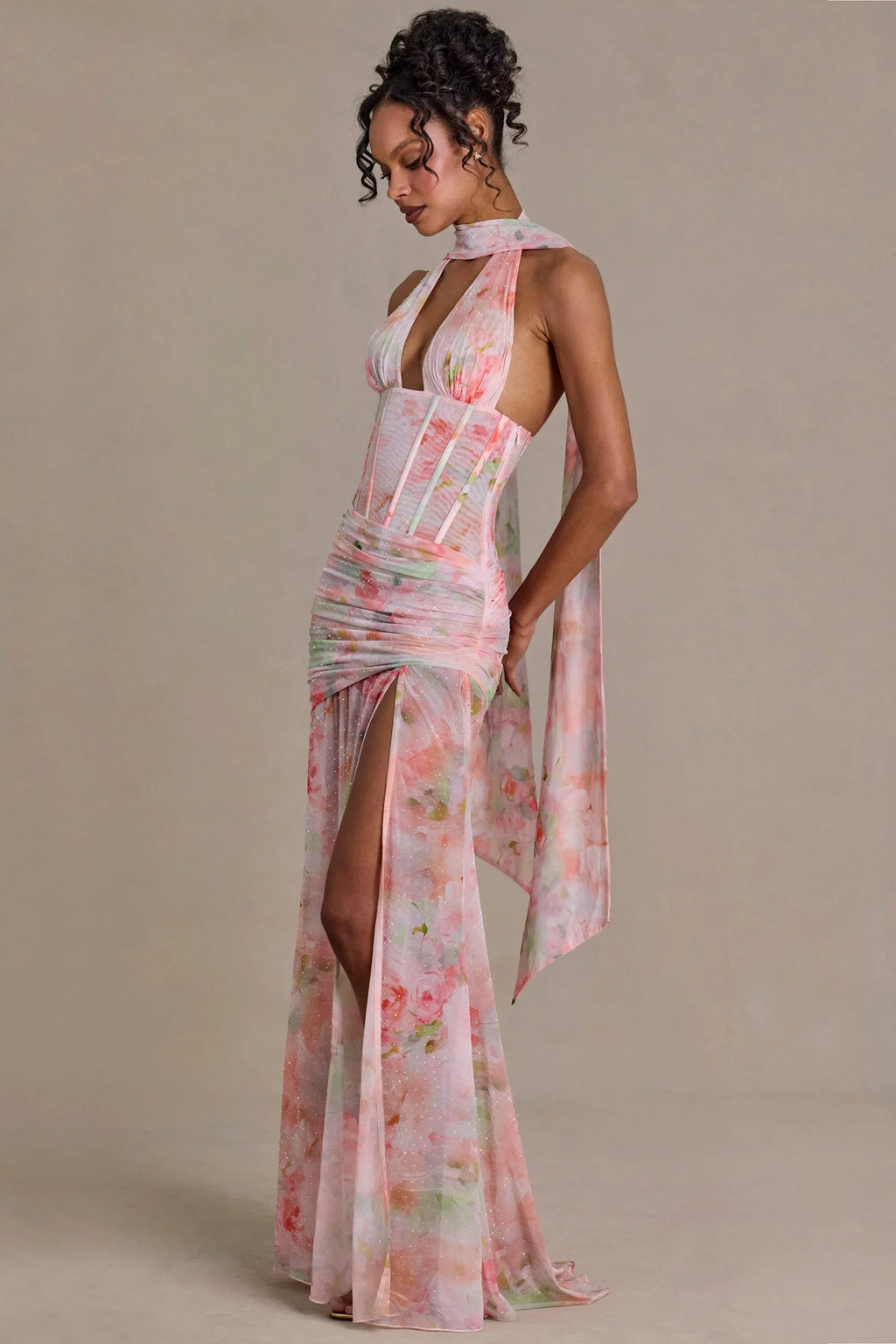 Embellished Scarf-Detail Maxi Dress in Pink Floral Print