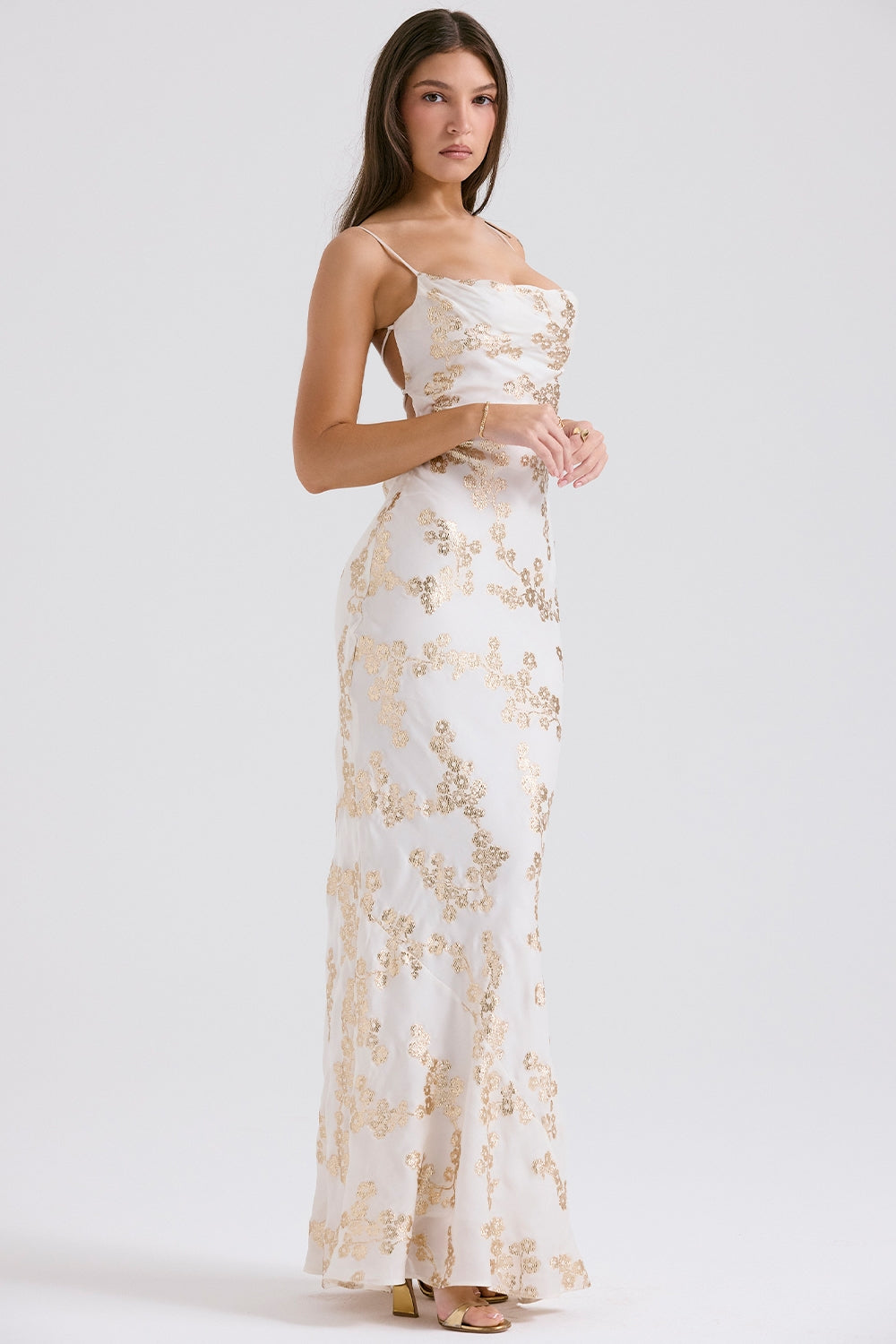white & gold jacquard satin gown
