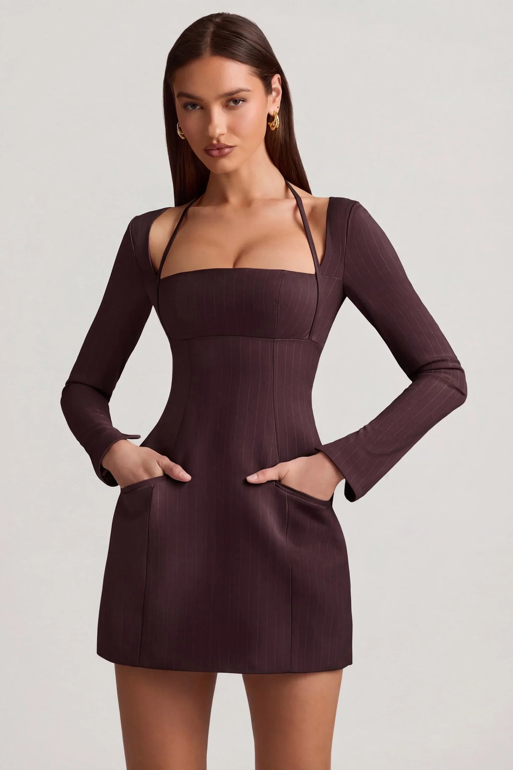 Pinstripe Structured A-Line Mini Dress in Chocolate Brown