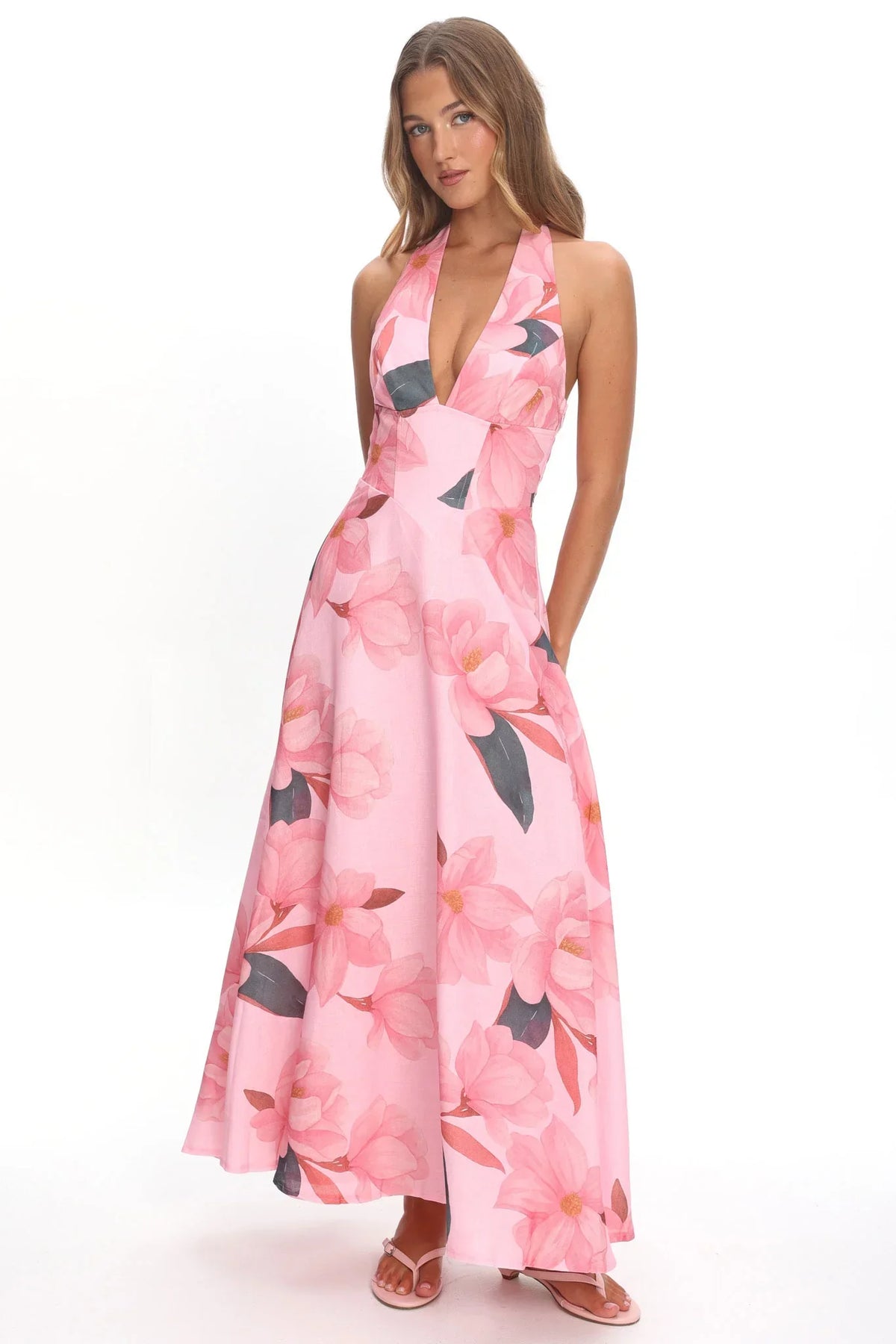 Riga Halterneck Maxi Dress Floral Pink