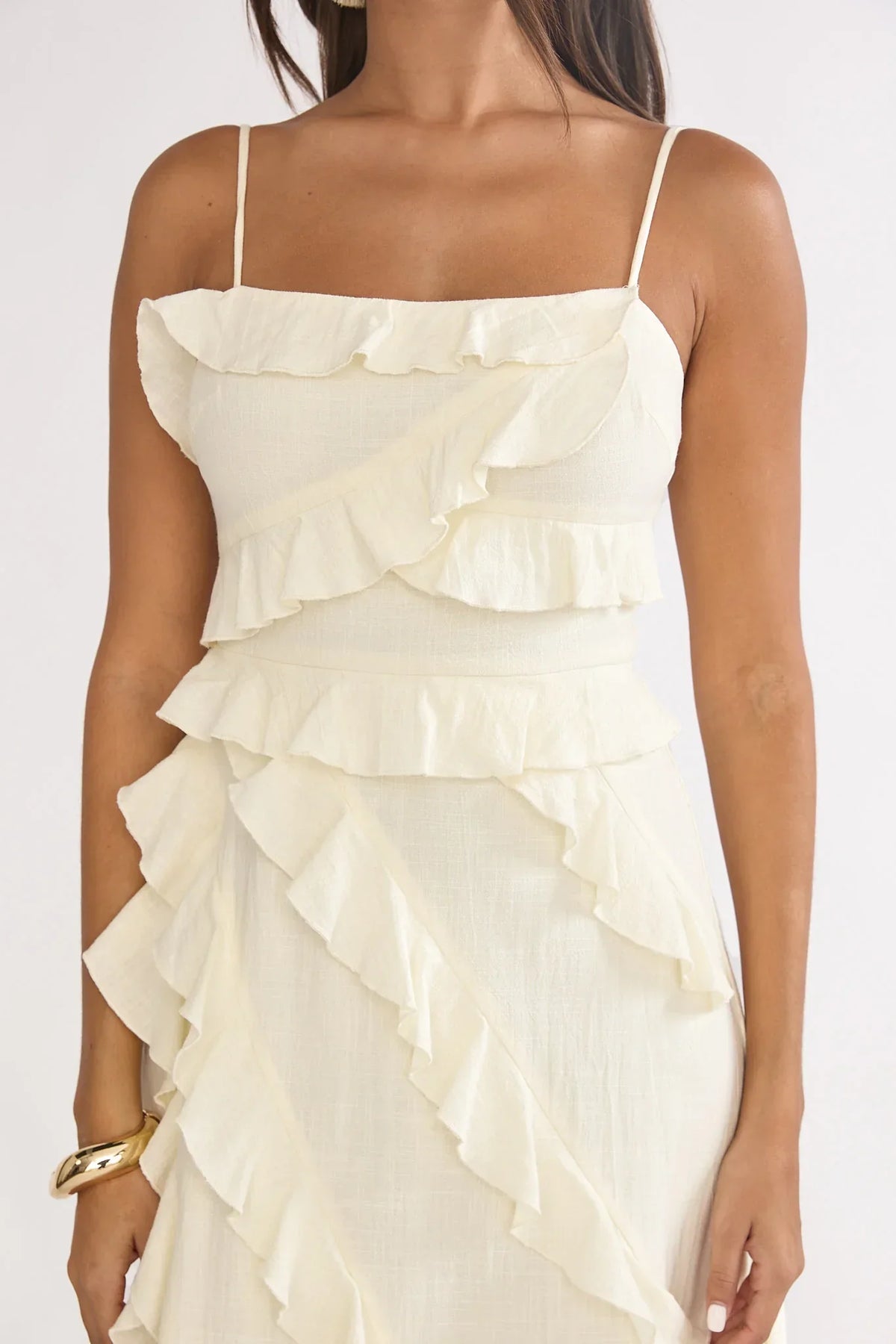 Arrabel Ruffle Split Maxi Dress Ivory