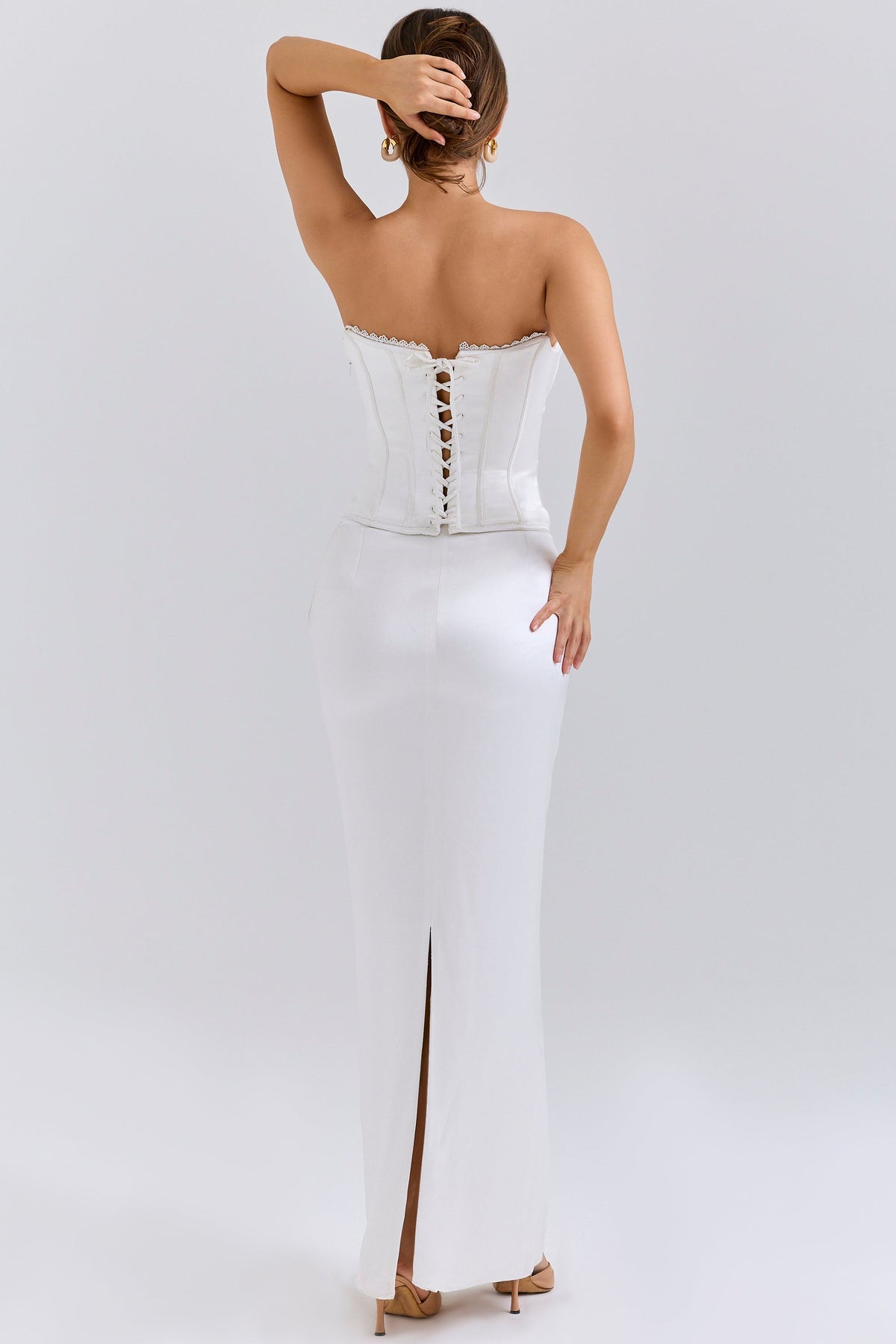 ivory satin corset maxi dress