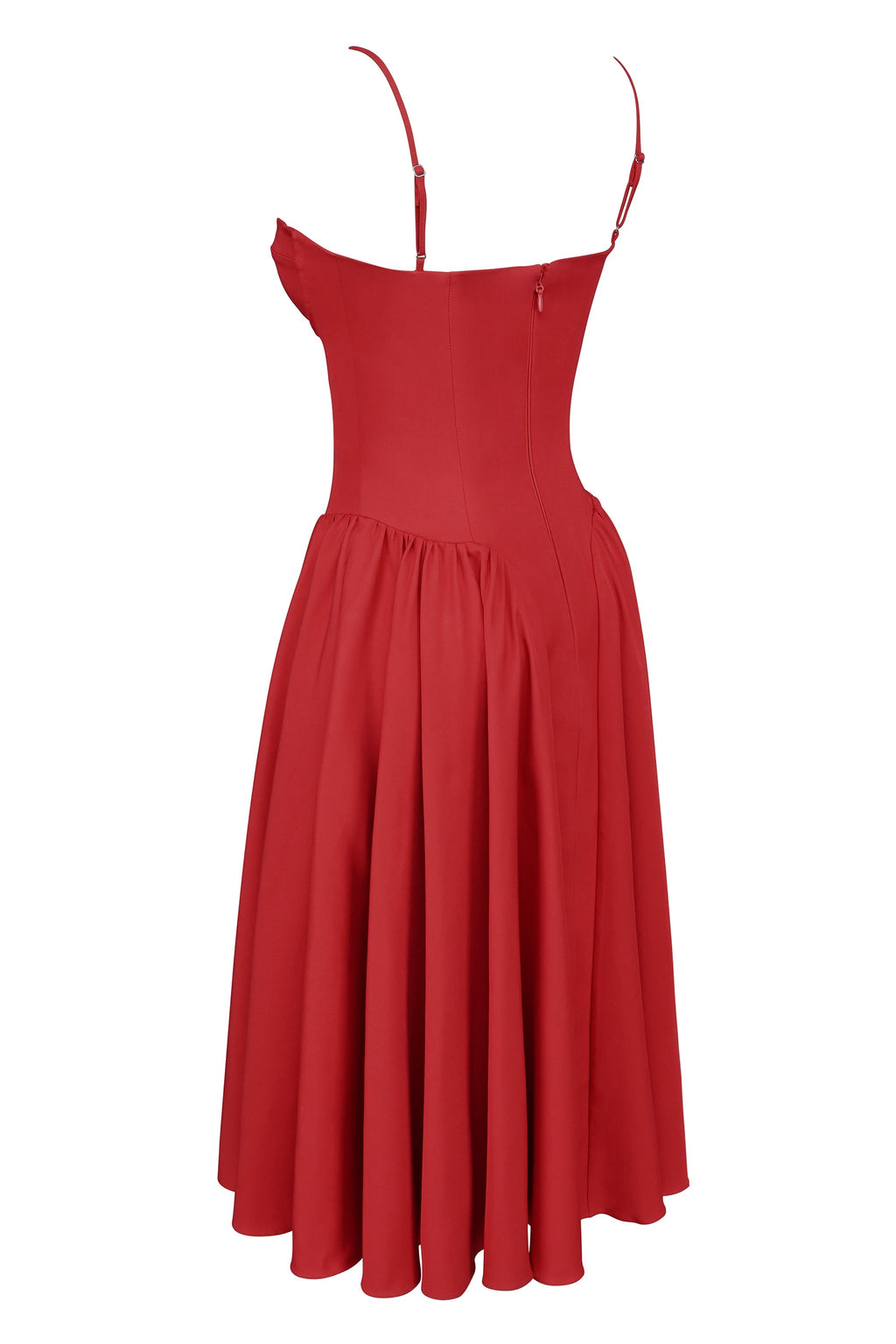red gathered midi dress
