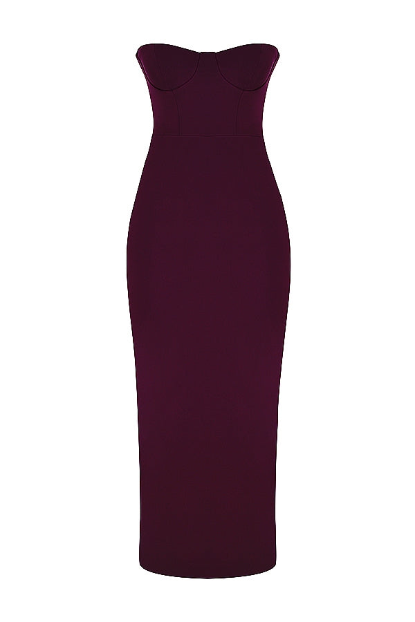 grape strapless corset maxi dress