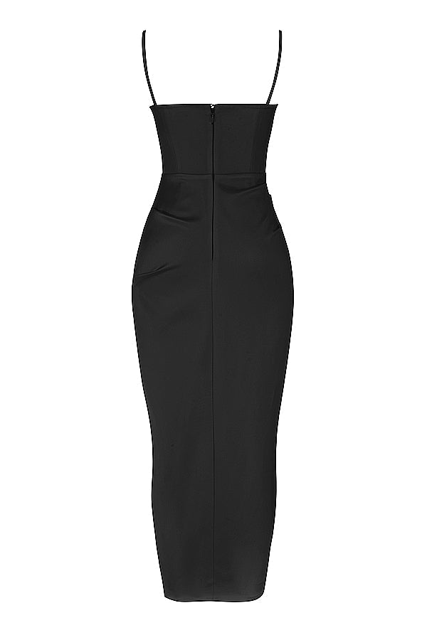 black satin pleated corset midi dress