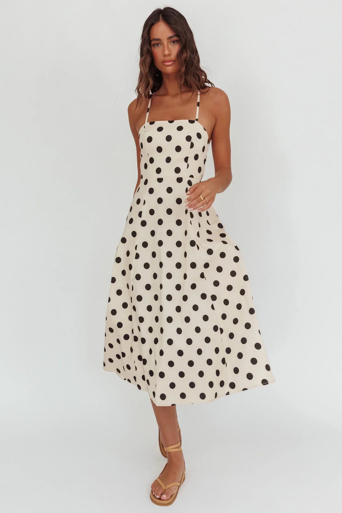 Second Glance Olga Criss-Cross Back Midi Dress Polka Dot Beige