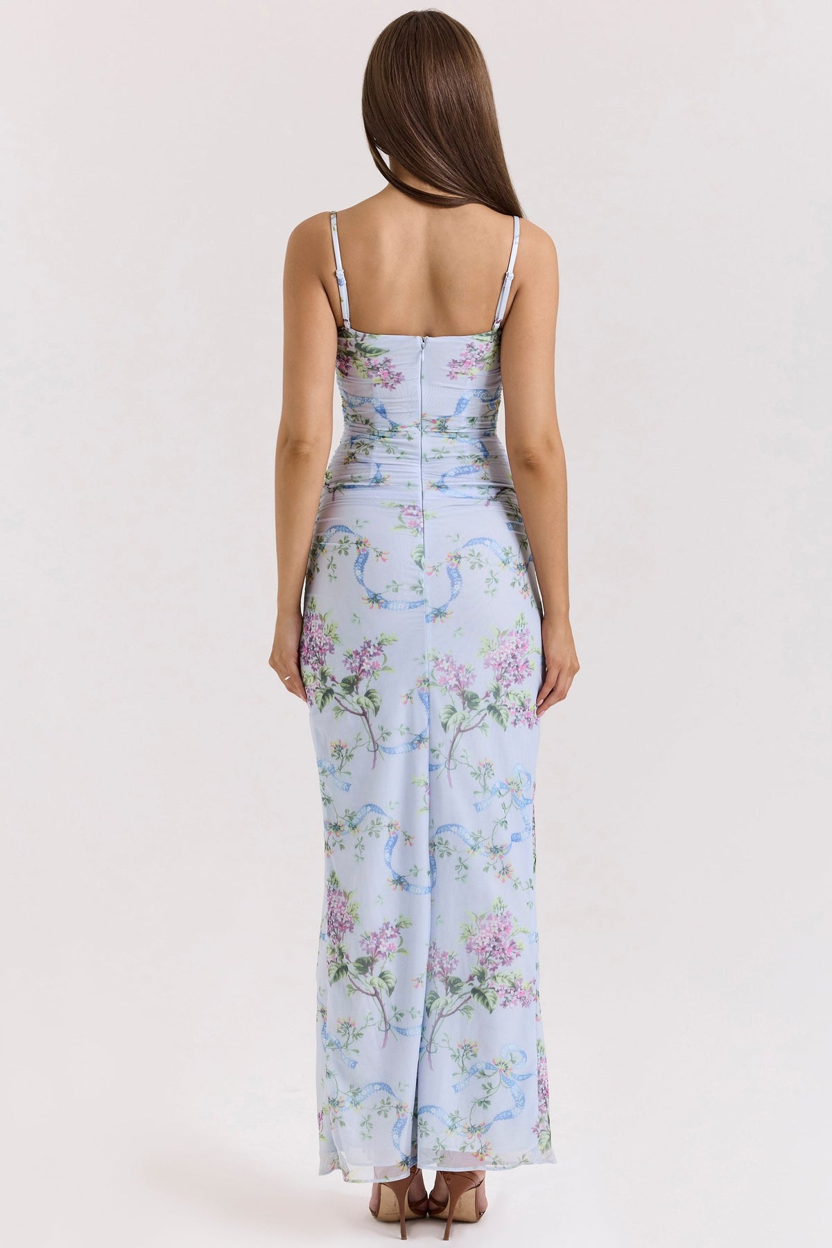 blue floral print mesh maxi dress
