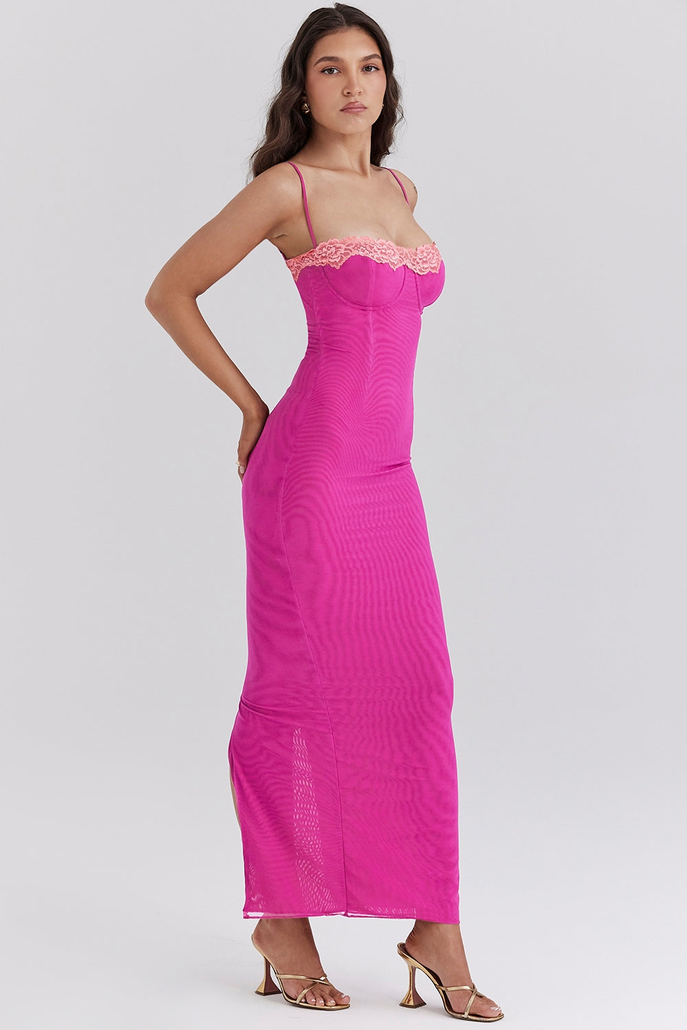 raspberry lace trimmed maxi dress